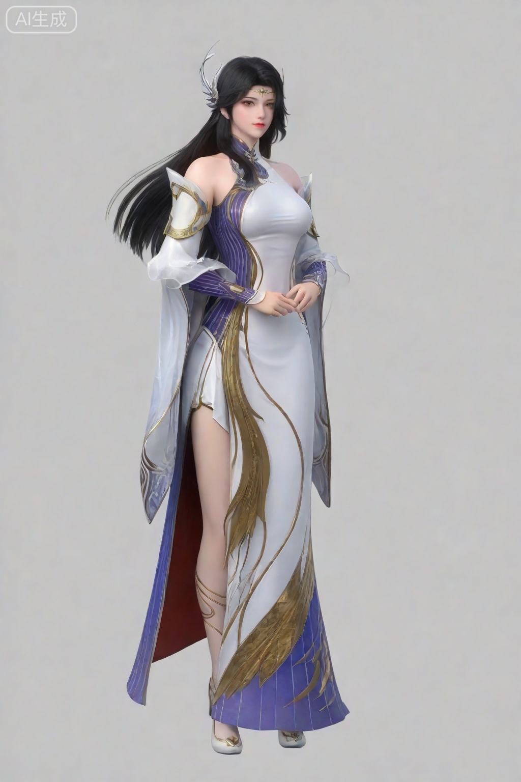 score_9_up,1girl, solo, long hair, breasts, looking at viewer, simple background, black hair, hair ornament, white background, dress, bare shoulders, full body, detached sleeves, white dress, circlet,XuanYi