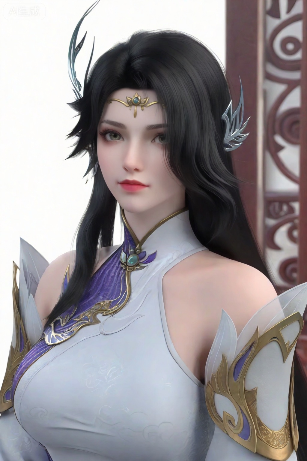 score_9_up,1girl, solo, long hair, breasts, black hair, hair ornament, dress, bare shoulders, upper body, detached sleeves, white dress, Chinese clothes,looking_at_viewer,XuanYi