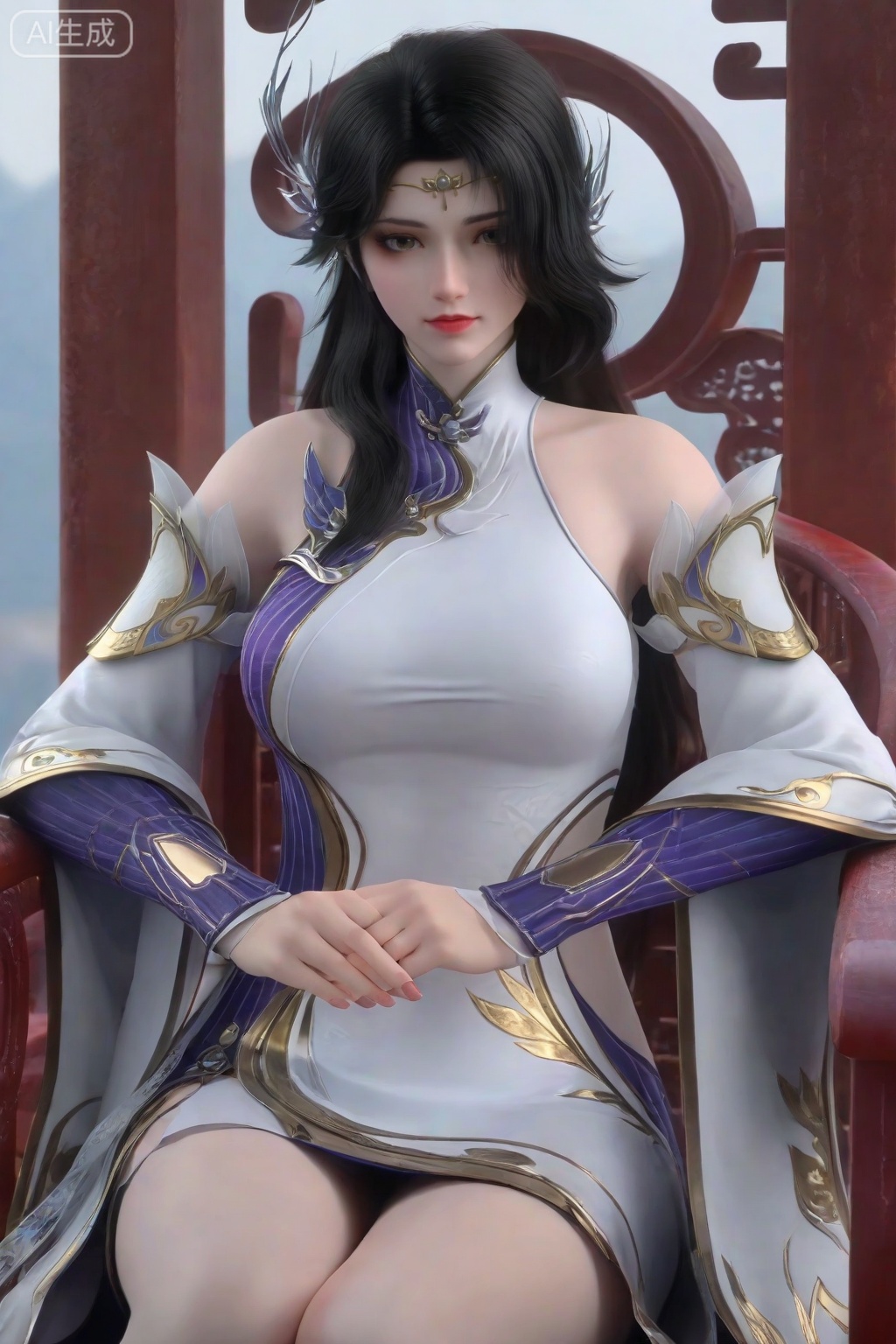 score_9_up,1girl, solo, long hair, black hair, hair ornament, dress, bare shoulders, sitting, detached sleeves, white dress,Chinese clothes, looking to the side,XuanYi