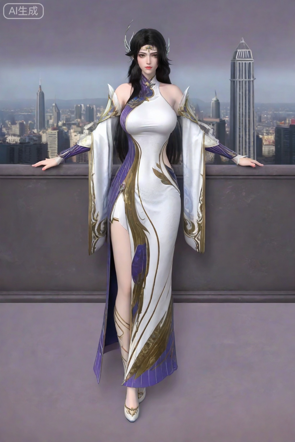 score_9_up,1girl, solo, long hair, large breasts, looking at viewer, simple background, black hair, hair ornament, cityscape, dress, bare shoulders, full body, detached sleeves, white dress, circlet,XuanYi,white skin