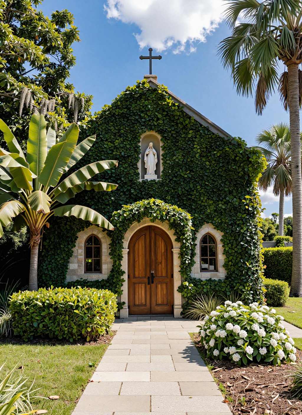 This is a picturesque,  sunlit photograph of a charming,  ivy-covered chapel or small church nestled in a lush on Tensor.Art