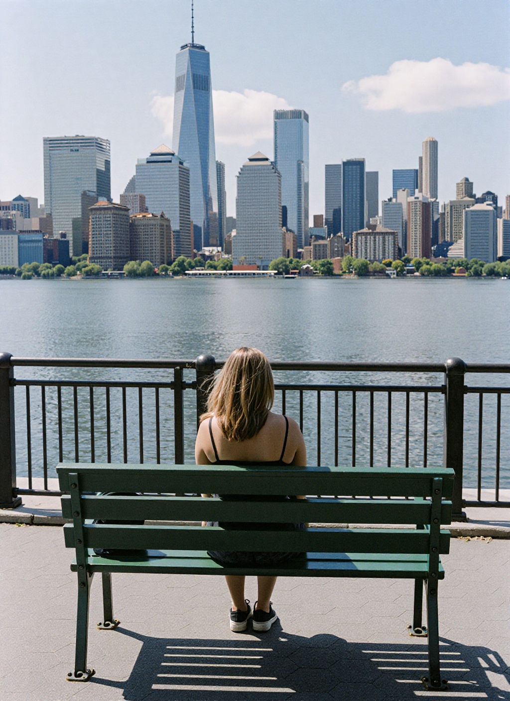 A person with light-brown hair sits on a green metal bench,  facing away from the camera,  looking out over a body of wate...