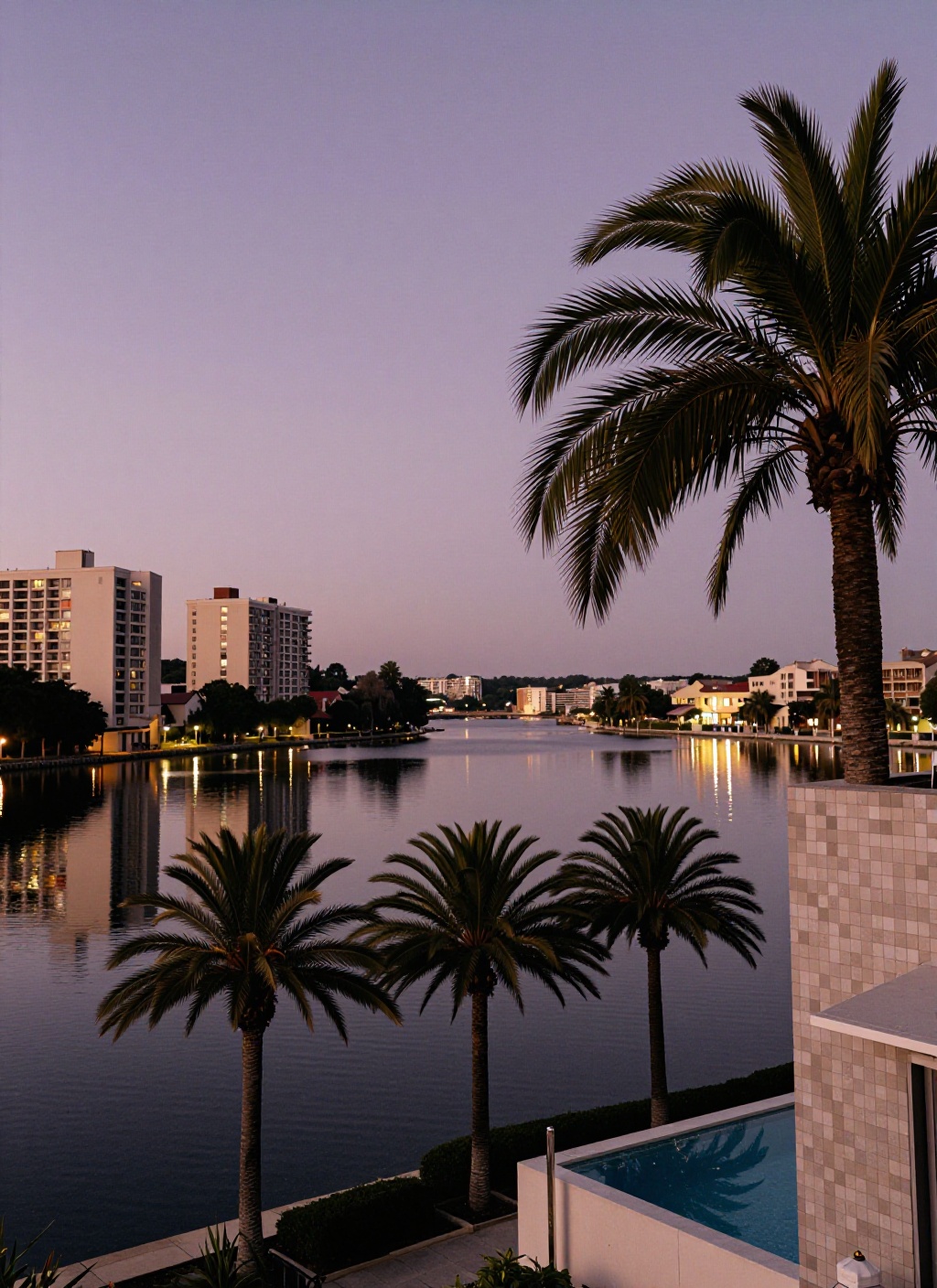 This is a serene twilight scene overlooking a calm body of water,  likely a lake or lagoon,  framed by palm trees and urba...