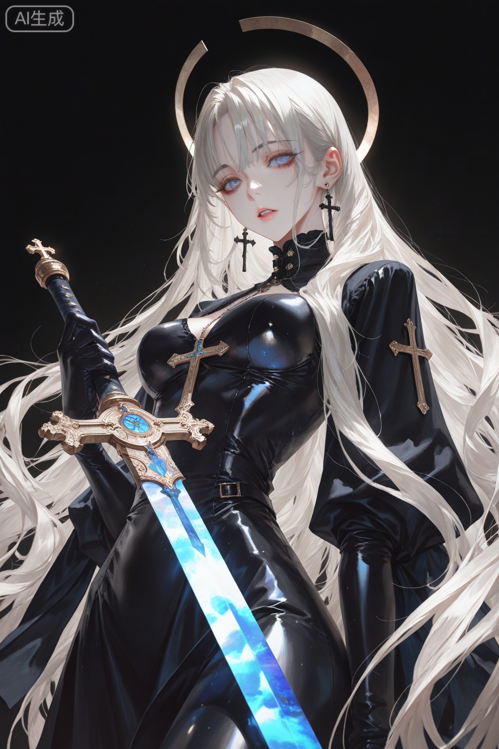 1girl,weapon,solo,long hair,sword,halo,jewelry,earrings,holding,cross,blonde hair,holding weapon,from below,holding sword,white hair,black background,gloves,breasts,dress,bangs,black dress,black gloves,simple background,parted lips,looking at viewer,shiny clothes, XUER guangying,, (artist:quasarcake:0.8),extreme aesthetic,(wlop:0.6),honjou honjou raita,lack,rella,wanke,raita,masterpiece,best quality,good quality,newest,year 2024,year 2023,very aesthetic,absurdres,Visual impact,A shot with tension, ultra-high resolution,32K UHD,sharp focus,best-quality,masterpiece,Emotionalization,unconventional supreme masterpiece,masterful details,temperate atmosphere,with a high-end texture,in the style of fashion photography,(Visual impact:1.2),giving the poster a dynamic and visually striking appearance,impactful picture, offcial art,movie perspective,masterpiece,best quality,amazing quality,very aesthetic,absurdres,best quality,newest,close-up,