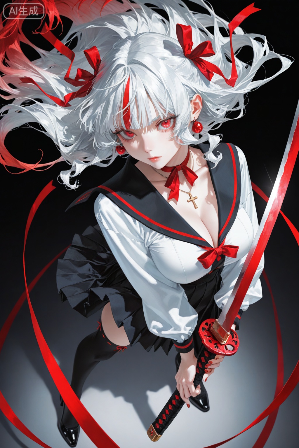 90s_melancholy,Yoneyama Mai,ezu,a anime character is holding her sword,1girl,solo,long hair,breasts,looking at viewer,bangs,skirt,large breasts,shirt,hair ornament,red eyes,thighhighs,long sleeves,ribbon,holding,cleavage,jewelry,closed mouth,standing,collarbone,full body,white shirt,weapon,white hair,sidelocks,red hair,multicolored hair,pleated skirt,earrings,choker,sword,black thighhighs,black skirt,sailor collar,necklace,nail polish,black footwear,holding weapon,high heels,red ribbon,gradient hair,neck ribbon,floating hair,from above,holding sword,katana,cross,red nails,dynamic pose,Nai3 style,line art,illustration,extreme aesthetic,(quasarcake:0.7),newest,year 2024,year 2023,absurdres,masterpiece,best quality,absurdres,newest,very aesthetic,amazing quality,highres,sensitive,masterpiece,best quality,amazing quality,very awa,absurdres,newest,very aesthetic,