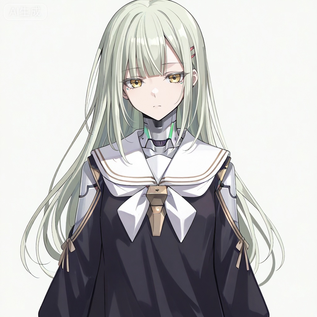 masterpiece, best quality,solo,white background,simple_background,Wakaba Mutsumi,cybersaki_style,long hair,green hair,bangs,blunt bangs,yellow eyes,hair ornament,hairclip,blonde hair,doll joints,jewelry,black dress,white sailor collar,robot joints,