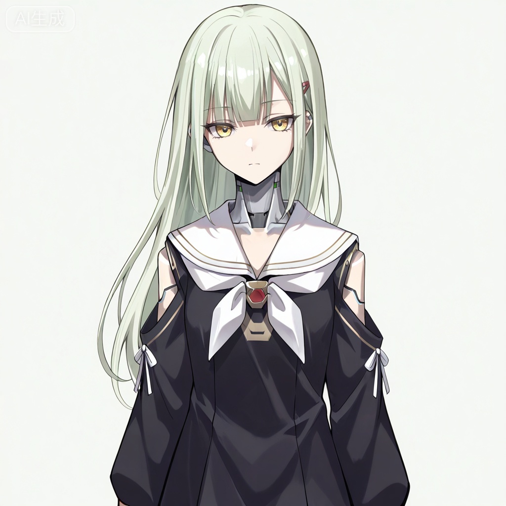masterpiece, best quality,solo,white background,simple_background,Wakaba Mutsumi,cybersaki_style,long hair,green hair,bangs,blunt bangs,yellow eyes,hair ornament,hairclip,blonde hair,doll joints,jewelry,black dress,white sailor collar,robot joints,