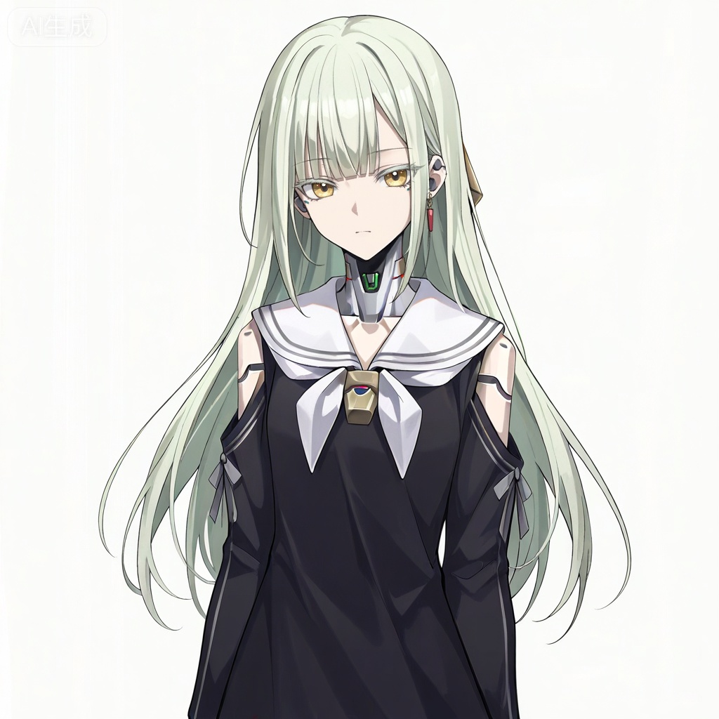 masterpiece, best quality,solo,white background,simple_background,Wakaba Mutsumi,cybersaki_style,long hair,green hair,bangs,blunt bangs,yellow eyes,hair ornament,hairclip,blonde hair,doll joints,jewelry,black dress,white sailor collar,robot joints,