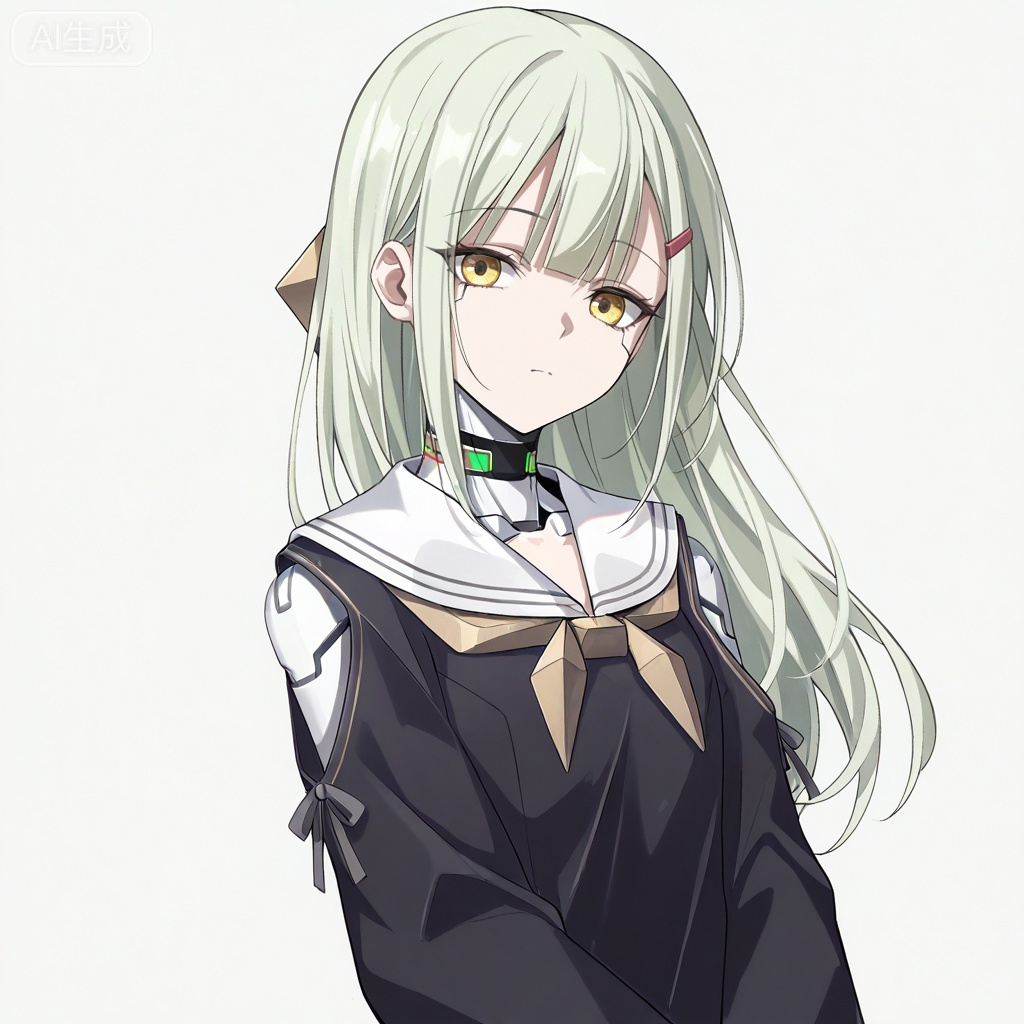 masterpiece, best quality,solo,white background,simple_background,Wakaba Mutsumi,cybersaki_style,long hair,green hair,bangs,blunt bangs,yellow eyes,hair ornament,hairclip,blonde hair,doll joints,jewelry,black dress,white sailor collar,robot joints,