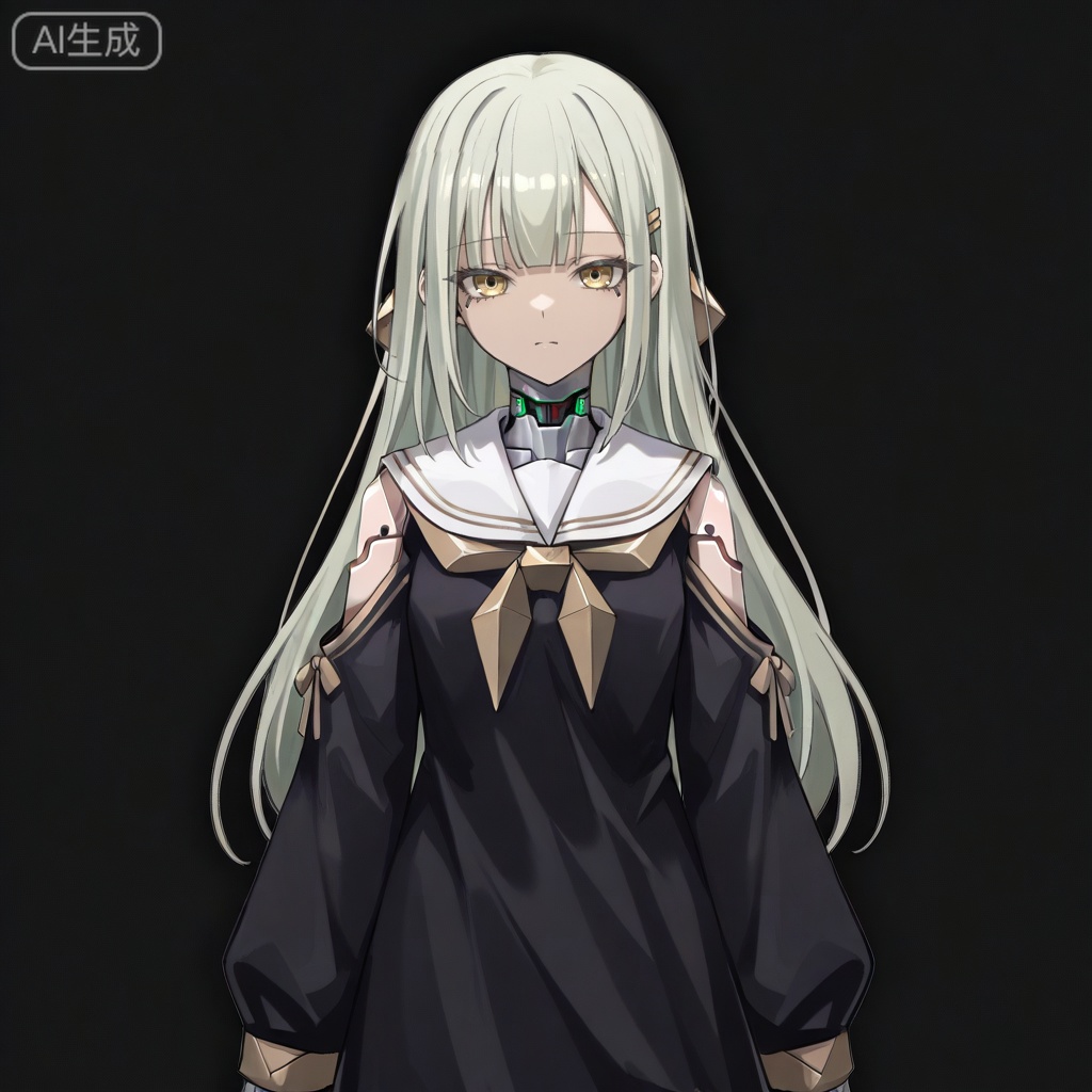masterpiece, best quality,solo,white background,simple_background,Wakaba Mutsumi,cybersaki_style,long hair,green hair,bangs,blunt bangs,yellow eyes,hair ornament,hairclip,blonde hair,doll joints,jewelry,black dress,white sailor collar,robot joints,