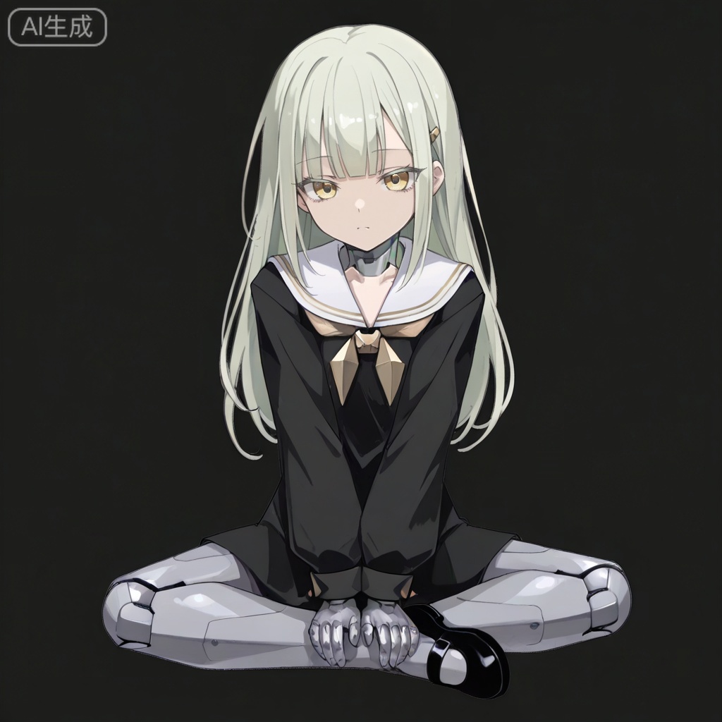 masterpiece, best quality,solo,white background,simple_background,Wakaba Mutsumi,cybersaki_style,long hair,green hair,bangs,blunt bangs,yellow eyes,hair ornament,hairclip,blonde hair,doll joints,jewelry,black dress,white sailor collar,robot joints,mechanical legs,mary janes