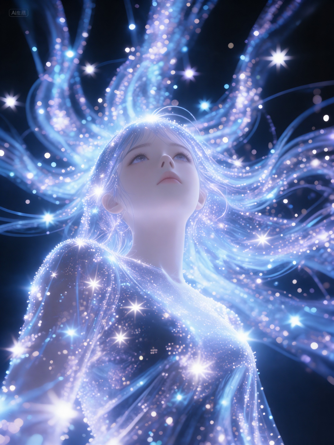 Anime,  1girl solo long hair blue eyes dress blue hair upper body parted lips lips see-through sparkle floating hair looki...