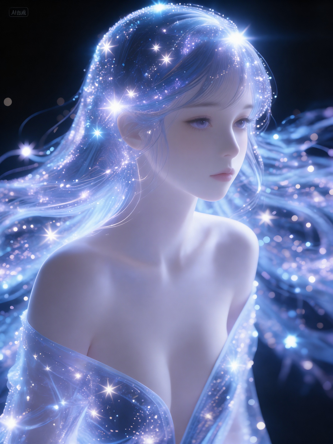 Anime,  1girl solo long hair breasts bangs blue eyes dress cleavage bare shoulders closed mouth blue hair collarbone upper...