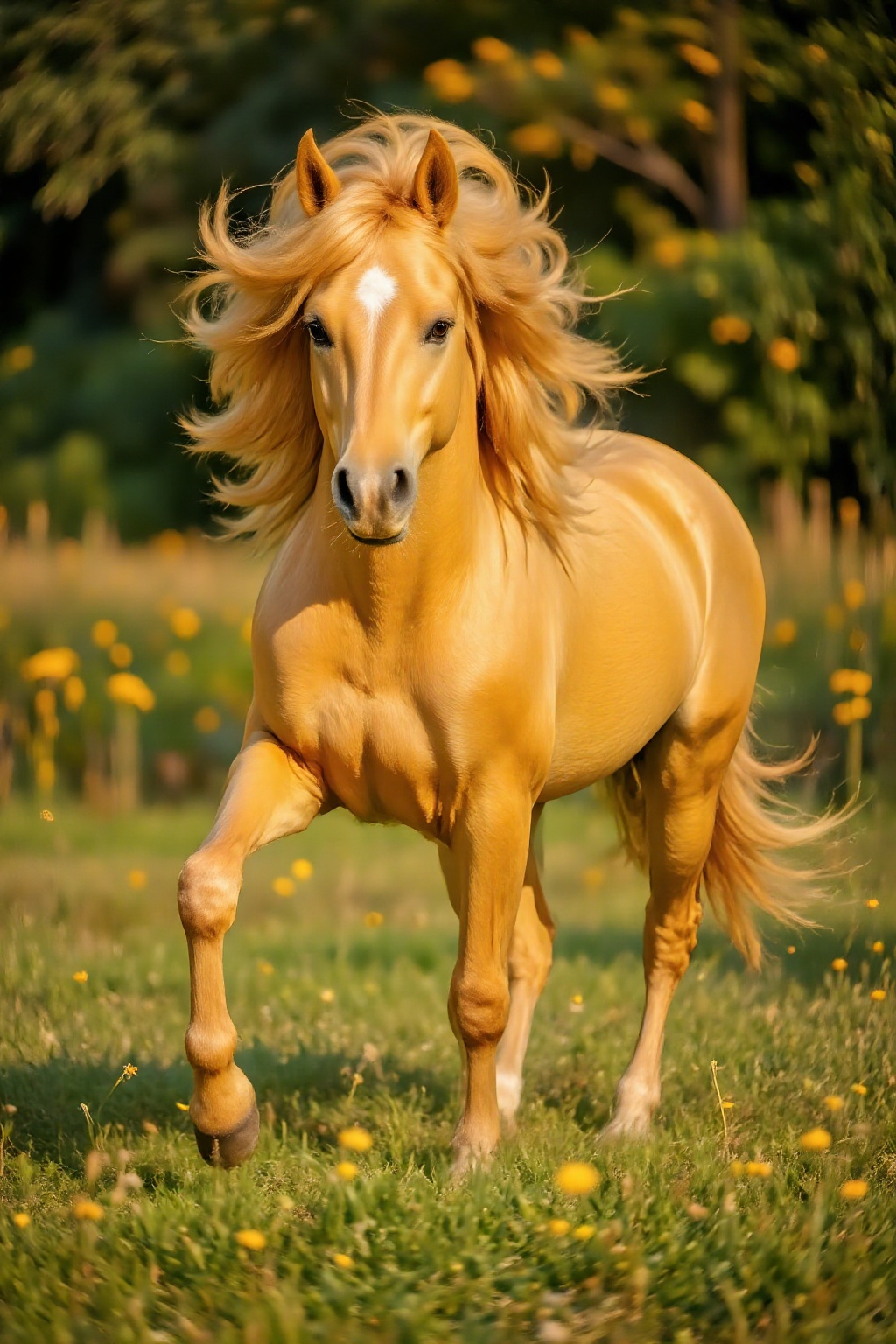 Top quality. Inspiration: Horses,  grasslands. Image: Close-up: A handsome yellow horse,  its entire body gleaming on Tens...