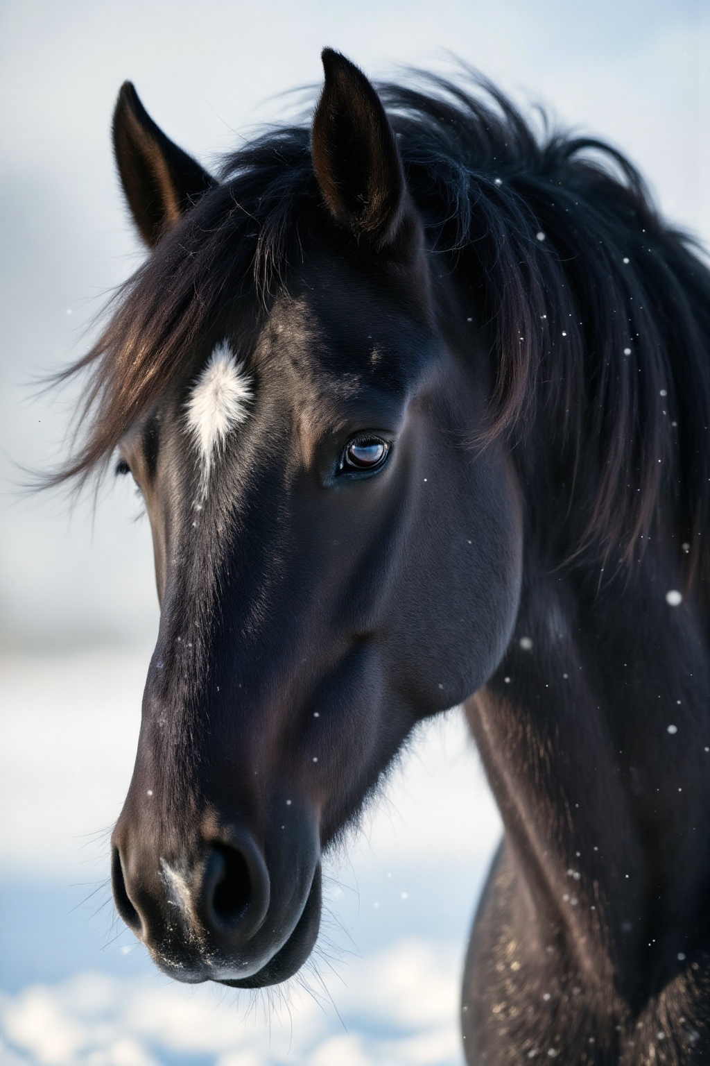 Top quality. Inspiration: Horse,  Winter. Image: Close-up: A handsome black horse,  its mane flowing like waves on Tensor.Art