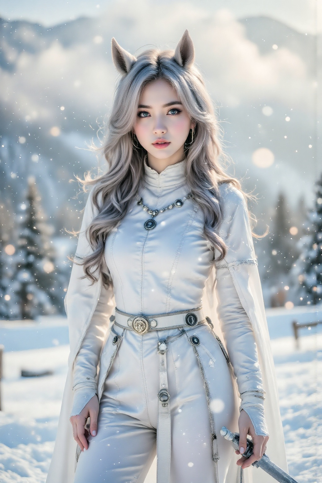 Top quality. Inspiration: Horse,  Winter. Image: Close-up: A female knight with flowing,  wavy hair that transitions to a...