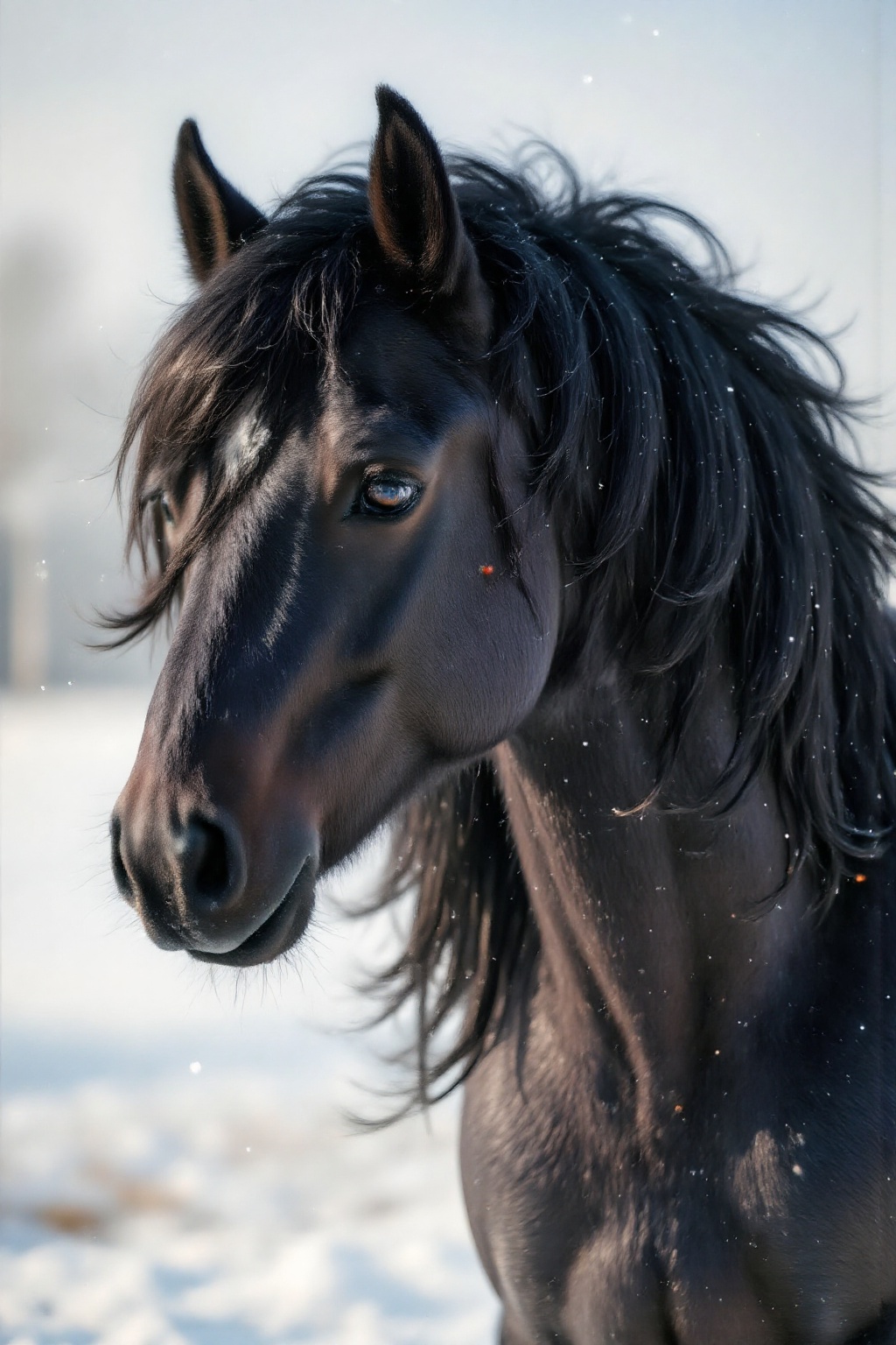 Top quality. Inspiration: Horse,  Winter. Image: Close-up: A handsome black horse,  its mane flowing like waves on Tensor.Art