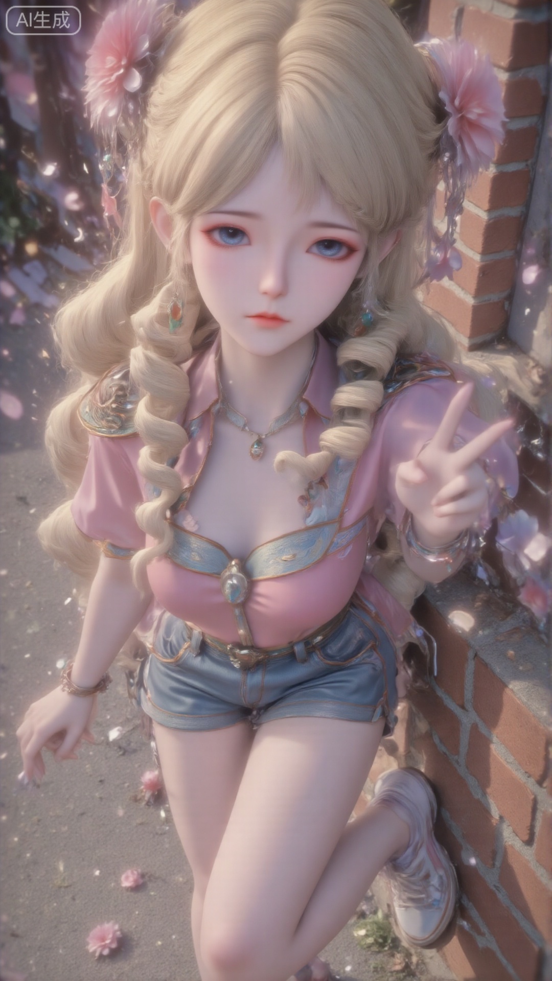 A girl, single, with medium chest and long yellow hair. Hair accessories. (Long legs: 1.3). All over the body, (pink open-necked button shirt: 1.4). Short sleeves. (denim shorts: 1.3). (White casual shoes: 1.2).
Her posture is very playful, with one leg slightly bent and leaning against the brick wall. The urban environment and her avant-garde and feminine style complement each other, highlighting her youthful vitality and charming elegance. Composition from different angles.
Depth of field, ultra-clear, ultra-high resolution, 8k, realism. Good structure, masterpiece, detail, texture, conceptual artwork, atmosphere, clear background, film lighting technology.Upper body effect, upper body close-up,Upper body effect, upper body close-up,look up into the distance,(Top view: 0.7) Clearly shows the girl's posture and upper body, (Looking up at the audience: 0.4) Eyes are gently locked.