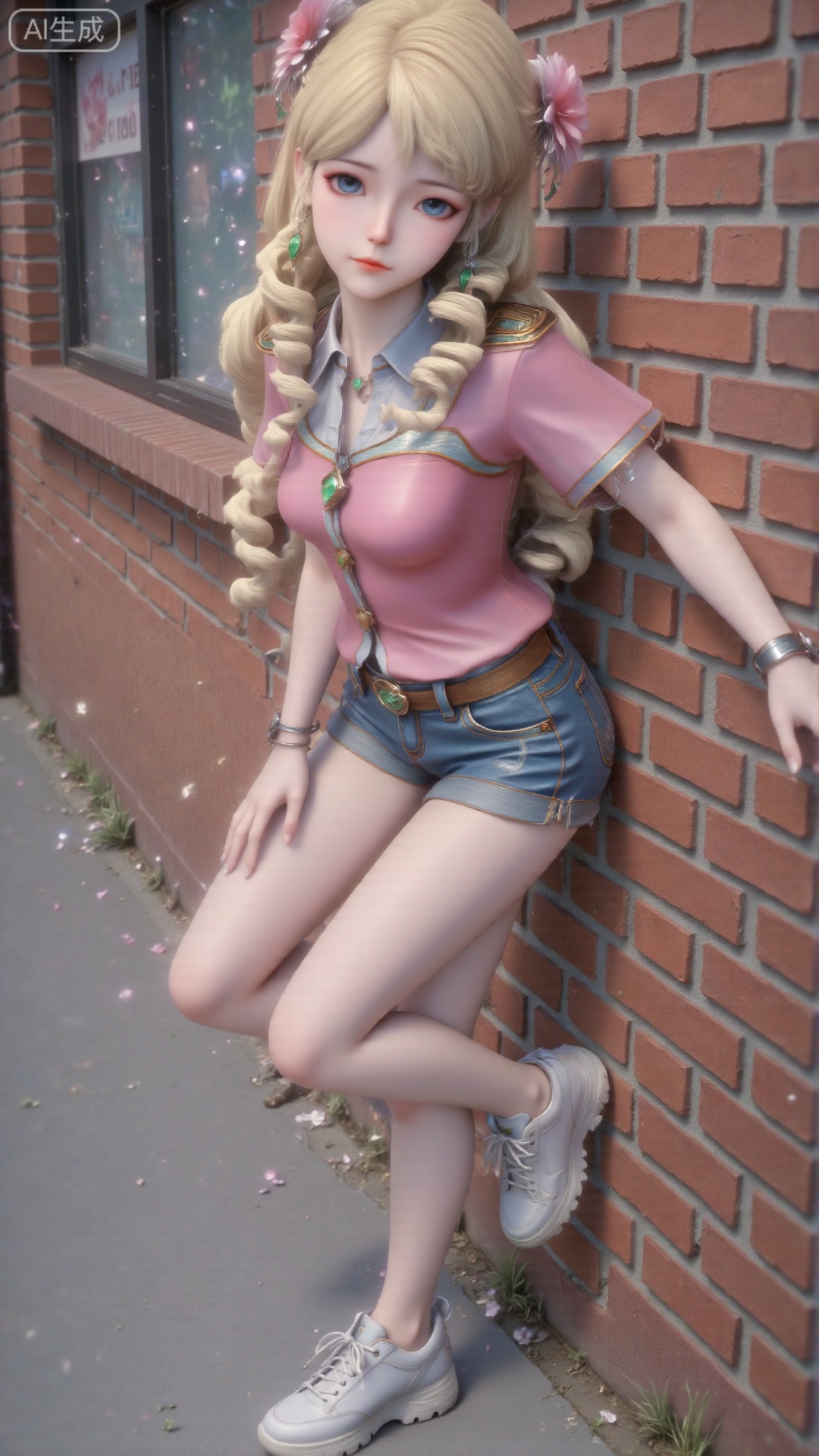 A girl, single, with medium chest and long yellow hair. Hair accessories. (Long legs: 1.3). All over the body, (pink open-necked button shirt: 1.4). Short sleeves. (denim shorts: 1.3). (White casual shoes: 1.2).
Her posture is very playful, with one leg slightly bent and leaning against the brick wall. The urban environment and her avant-garde and feminine style complement each other, highlighting her youthful vitality and charming elegance. Composition from different angles.
Depth of field, ultra-clear, ultra-high resolution, 8k, realism. Good structure, masterpiece, detail, texture, conceptual artwork, atmosphere, clear background, film lighting technology.Upper body effect, upper body close-up,Upper body effect, upper body close-up,look up into the distance,(Top view: 0.7) Clearly shows the girl's posture and upper body, (Looking up at the audience: 0.4) Eyes are gently locked.