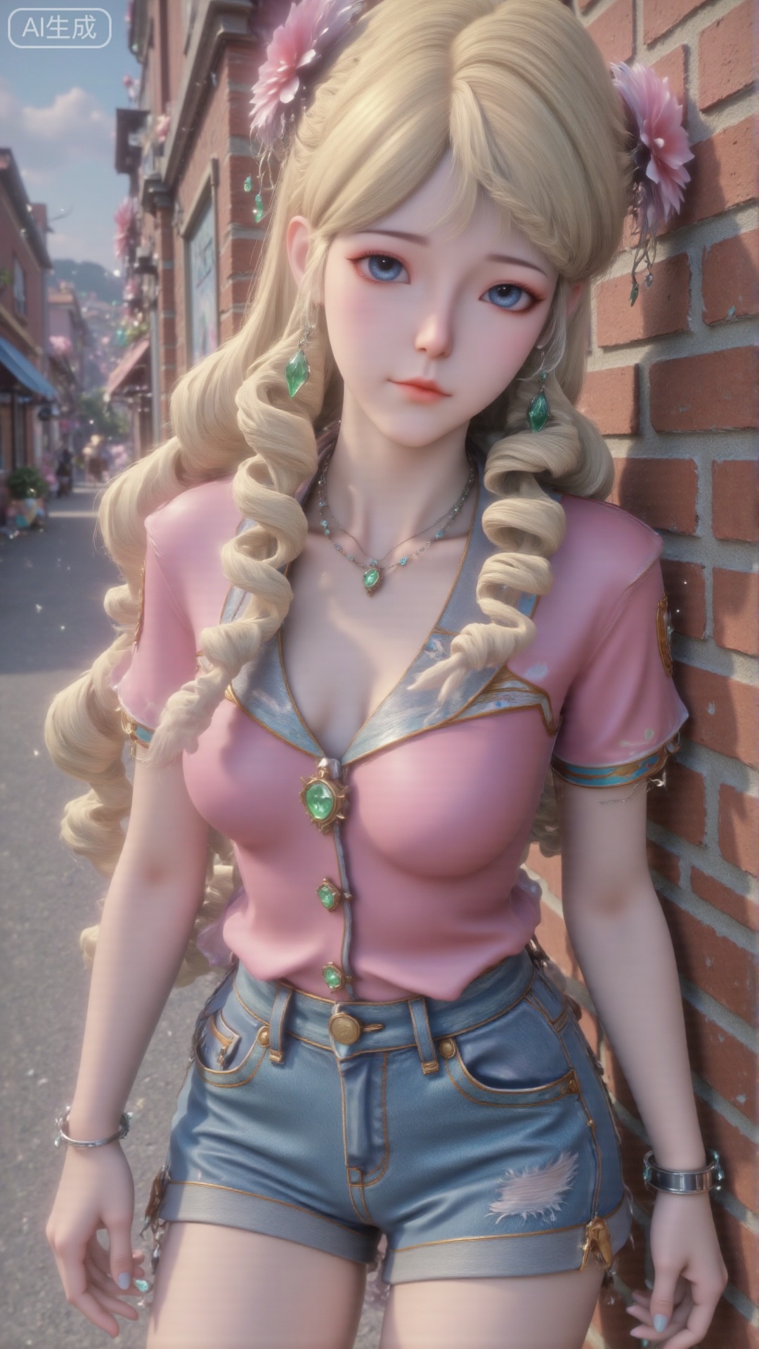 A girl, single, with medium chest and long yellow hair. Hair accessories. (Long legs: 1.3). All over the body, (pink open-necked button shirt: 1.4). Short sleeves. (denim shorts: 1.3). (White casual shoes: 1.2).
Her posture is very playful, with one leg slightly bent and leaning against the brick wall. The urban environment and her avant-garde and feminine style complement each other, highlighting her youthful vitality and charming elegance. Composition from different angles.
Depth of field, ultra-clear, ultra-high resolution, 8k, realism. Good structure, masterpiece, detail, texture, conceptual artwork, atmosphere, clear background, film lighting technology.Upper body effect, upper body close-up,Upper body effect, upper body close-up,look up into the distance,(Top view: 0.7) Clearly shows the girl's posture and upper body, (Looking up at the audience: 0.4) Eyes are gently locked.