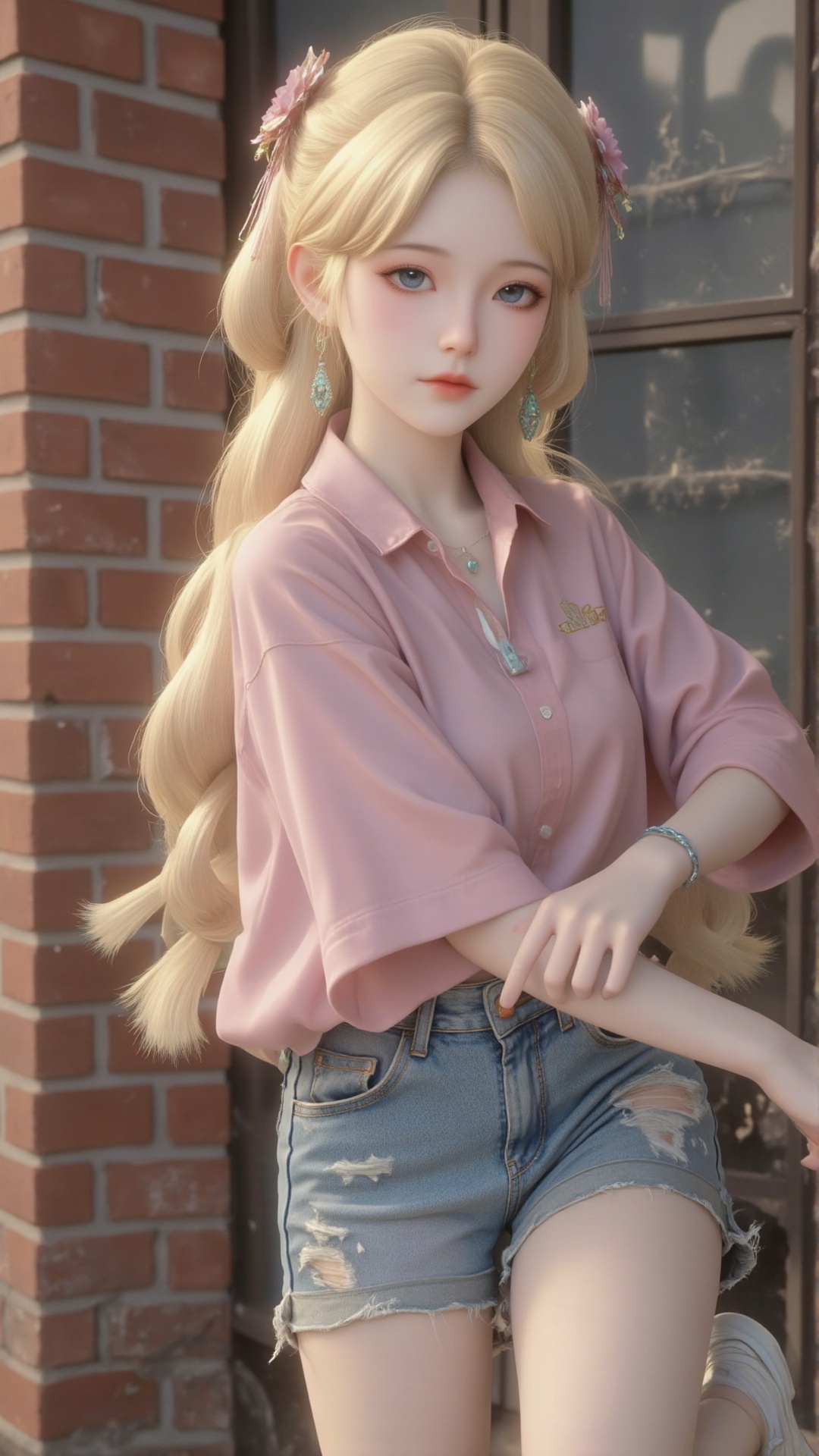 A girl,  single,  with medium chest and long yellow hair. Hair accessories. (Long legs: 1.3). All over the body by 惜舞 on T...