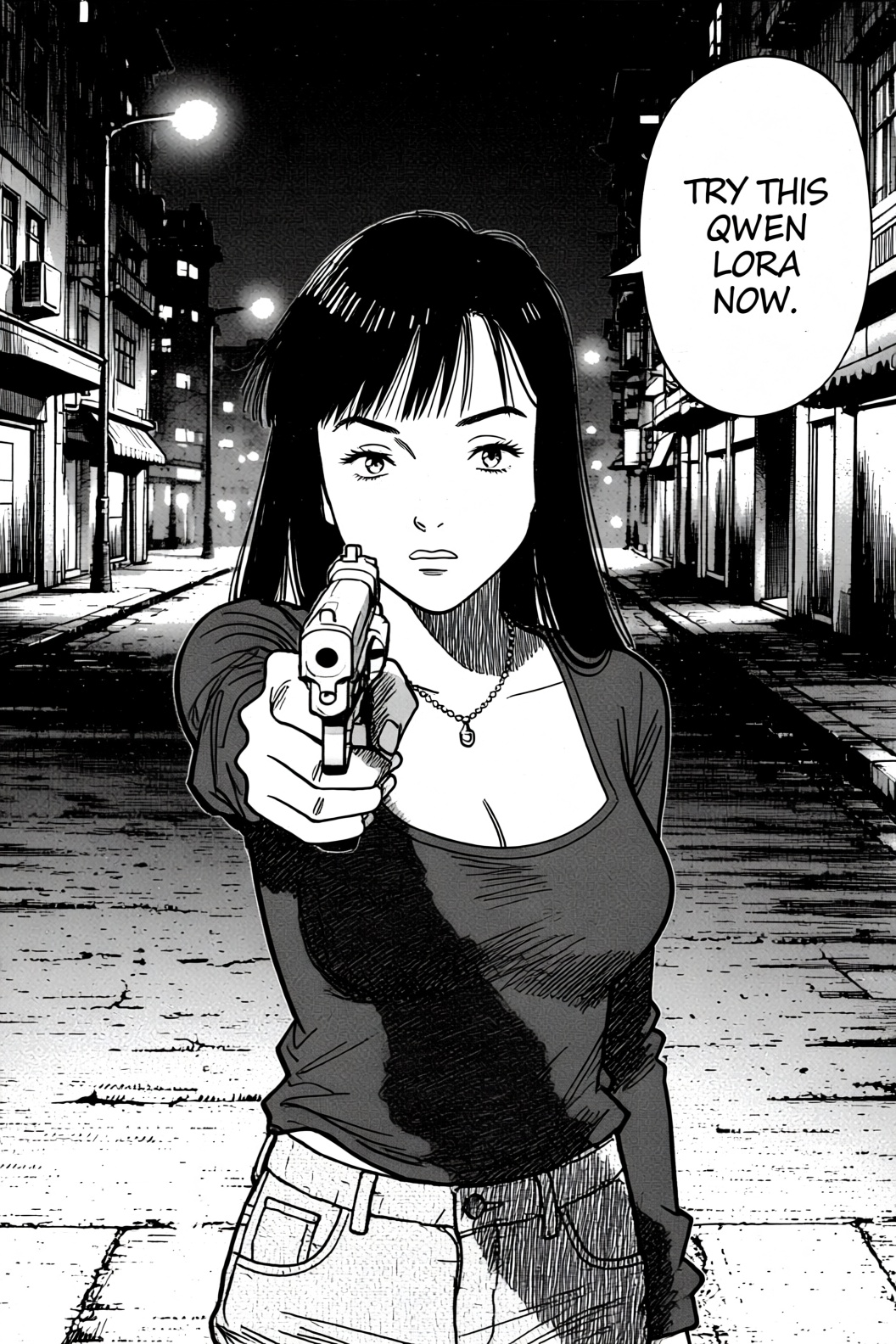 manga style image of a girl standing on a street at night. She is pointing a handgun directly at the camera. She is wearin...