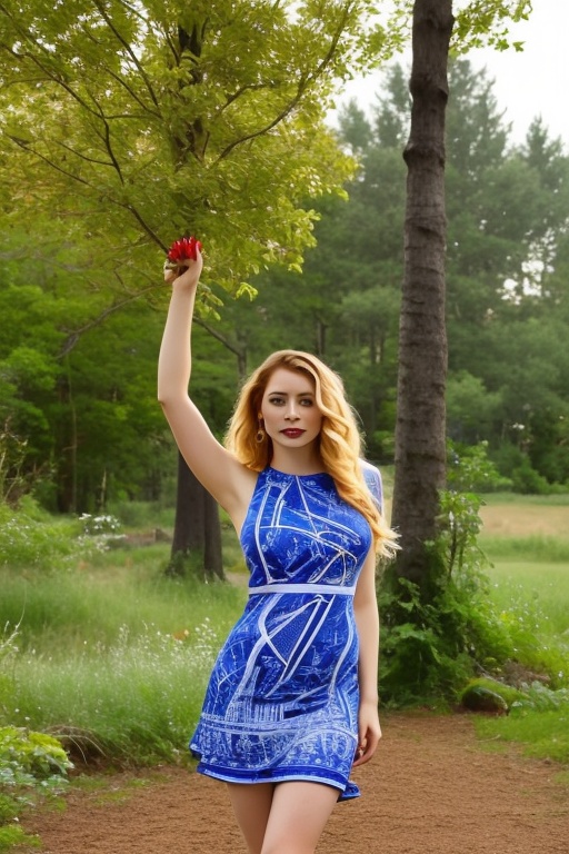 The image shows a woman with long,  blonde hair wearing a colorful,  patterned dress. The dress features a mix of blue on...