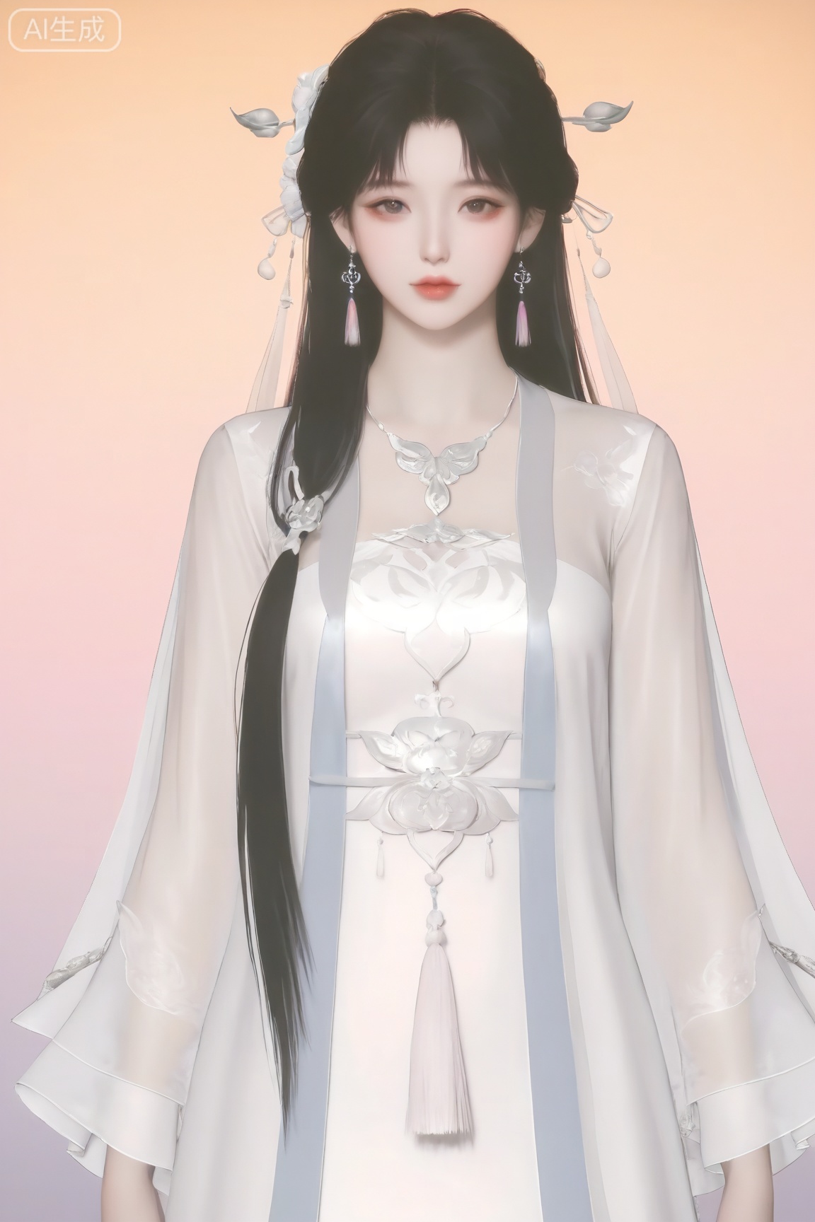 YanYun_style,1girl, solo, long hair, looking at viewer, bangs, black hair, hair ornament, long sleeves, dress, jewelry, earrings, necklace, white dress, see-through, gradient, gradient background, chinese clothes, tassel, 
master work,32K,UHD,perfect work,masterpiece,best quality,high quality,ultra-detailed,(guofeng aesthetic),cinematic lighting,delicate details,vibrant colors, sgrainy,detailed skin,photorealistic,realistic skin,texture,grainy,photorealistic, “golden hour,” “volumetric light,”,
