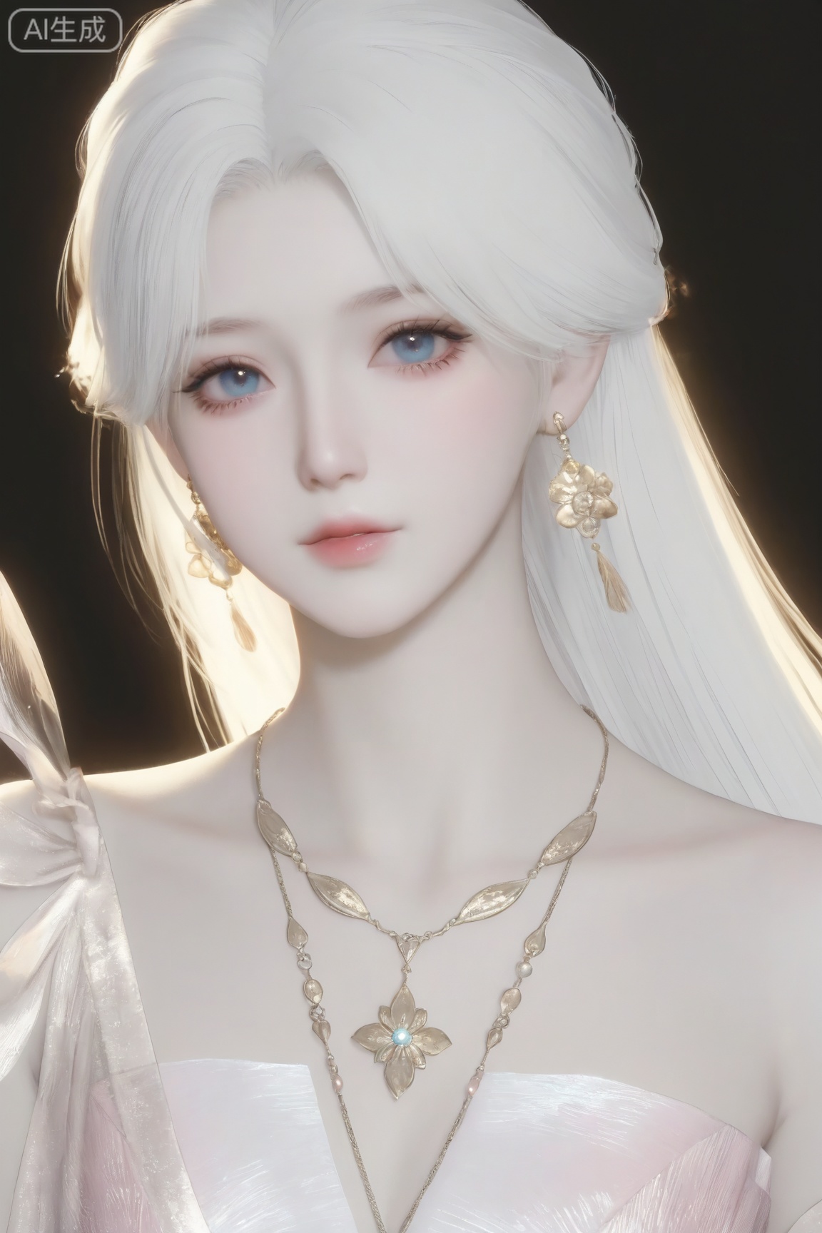 YanYun_style,1girl, solo, long hair, looking at viewer, blue eyes, dress, bare shoulders, jewelry, white hair, earrings, necklace, see-through, black background, pale skin, 
master work,32K,UHD,perfect work,masterpiece,best quality,high quality,ultra-detailed,(guofeng aesthetic),cinematic lighting,delicate details,vibrant colors, sgrainy,detailed skin,photorealistic,realistic skin,texture,grainy,photorealistic, “golden hour,” “volumetric light,”,
