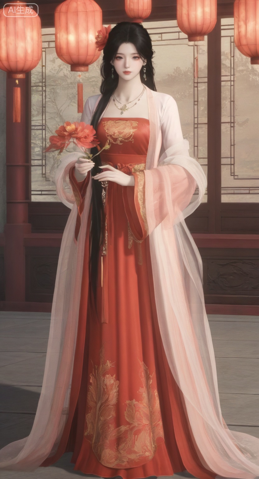 YanYun_style,1girl, solo, long hair, black hair, hair ornament, dress, holding, jewelry, very long hair, standing, full body, flower, earrings, hair flower, necklace, chinese clothes, red dress, shawl, lantern, hanfu, 
master work,32K,UHD,perfect work,masterpiece,best quality,high quality,ultra-detailed,(guofeng aesthetic),cinematic lighting,delicate details,vibrant colors, sgrainy,detailed skin,photorealistic,realistic skin,texture,grainy,photorealistic, “golden hour,” “volumetric light,”,