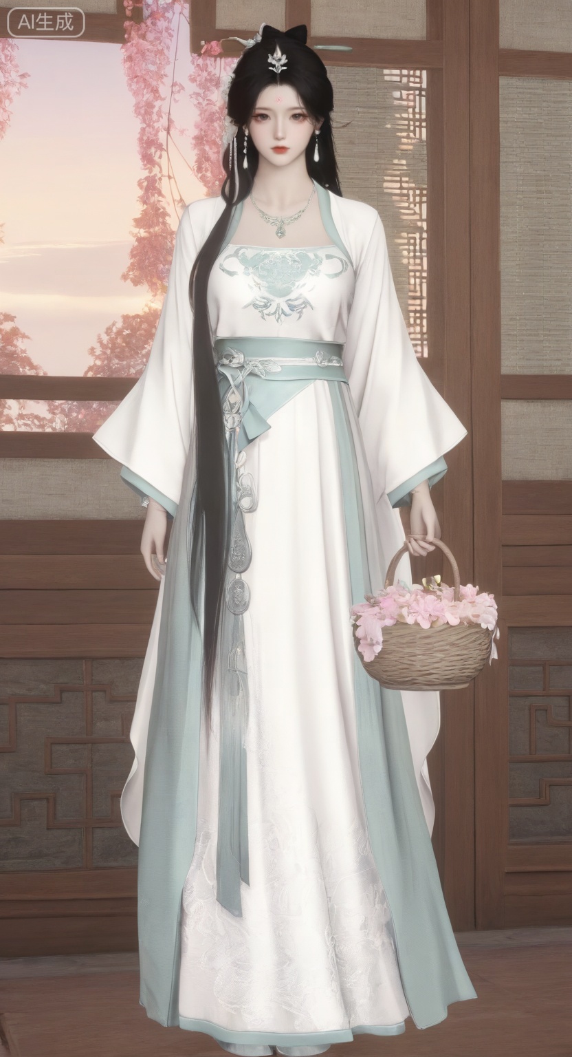 YanYun_style,1girl, solo, long hair, black hair, hair ornament, long sleeves, dress, holding, jewelry, very long hair, full body, flower, necklace, white dress, chinese clothes, forehead mark, basket, hanfu, 
master work,32K,UHD,perfect work,masterpiece,best quality,high quality,ultra-detailed,(guofeng aesthetic),cinematic lighting,delicate details,vibrant colors, sgrainy,detailed skin,photorealistic,realistic skin,texture,grainy,photorealistic, “golden hour,” “volumetric light,”,