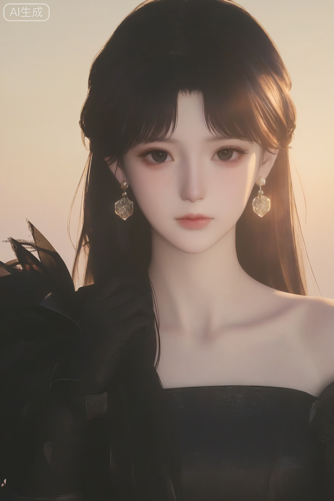 YanYun_style,1girl, solo, long hair, looking at viewer, bangs, black hair, gloves, dress, bare shoulders, jewelry, closed mouth, collarbone, upper body, earrings, off shoulder, black eyes, black dress, lips, sunlight, realistic, 
master work,32K,UHD,perfect work,masterpiece,best quality,high quality,ultra-detailed,(guofeng aesthetic),cinematic lighting,delicate details,vibrant colors, sgrainy,detailed skin,photorealistic,realistic skin,texture,grainy,photorealistic, “golden hour,” “volumetric light,”,