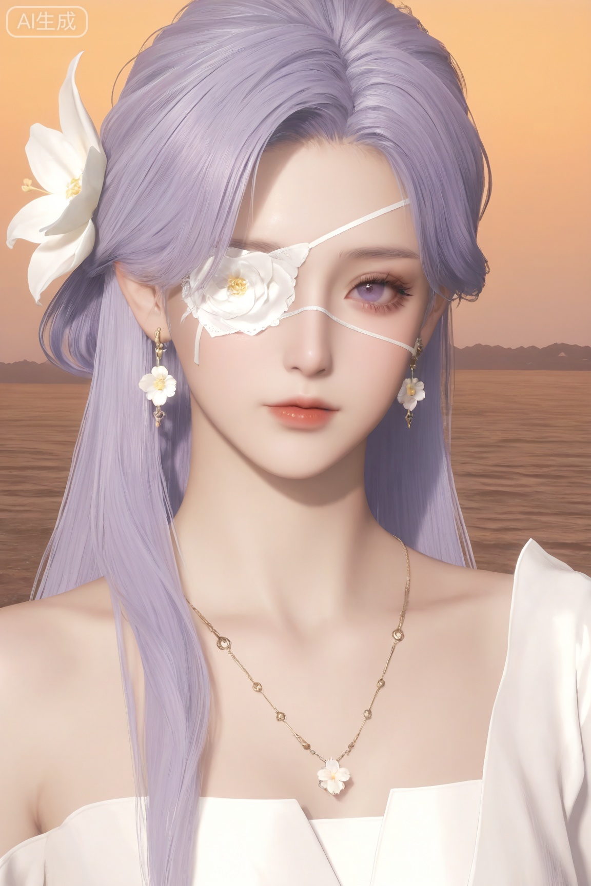 YanYun_style,1girl, solo, long hair, looking at viewer, hair ornament, dress, jewelry, upper body, purple hair, flower, earrings, hair flower, white dress, eyepatch, 
master work,32K,UHD,perfect work,masterpiece,best quality,high quality,ultra-detailed,(guofeng aesthetic),cinematic lighting,delicate details,vibrant colors, sgrainy,detailed skin,photorealistic,realistic skin,texture,grainy,photorealistic, “golden hour,” “volumetric light,”,