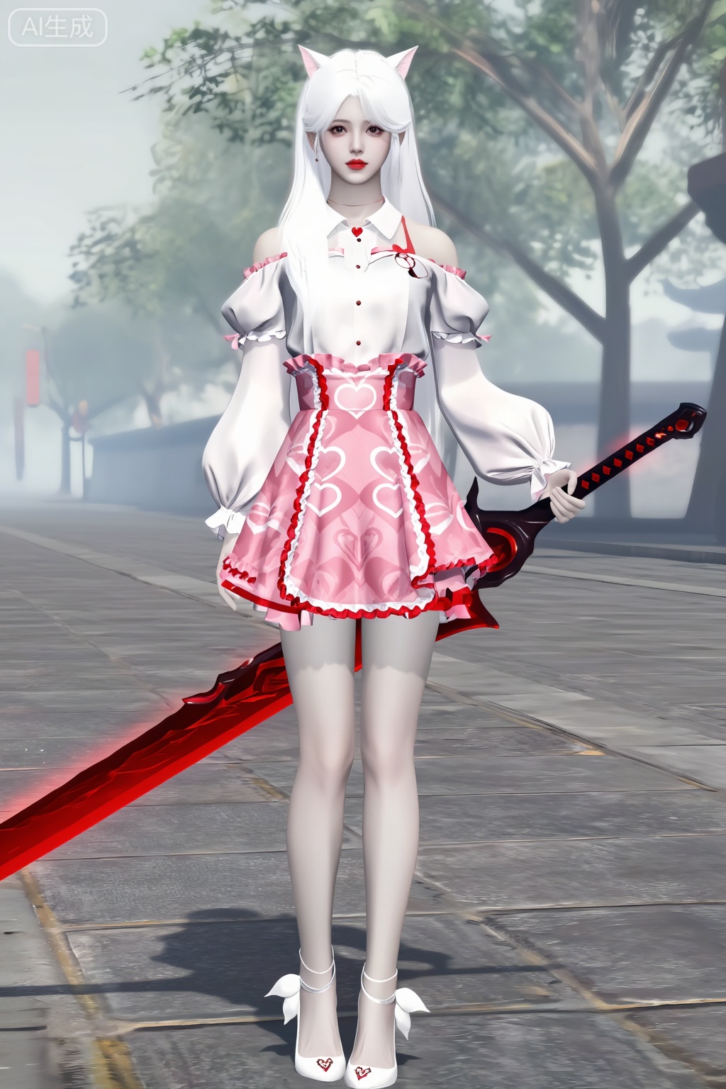 这是一张游戏CGI风格图,描绘了一位年轻女子,皮肤苍白,面孔精致。显示一位皮肤苍白的动漫风格女性角色站在雾气弥漫、绿树成荫的街道上。她有一头长长的白色猫耳头发,穿着一件白色的泡泡袖露肩衬衫和一条带有红白褶边的粉红色心形图案高腰裙子。她右手握着一把红黑相间的大剑,剑刃闪闪发光。她光着双腿,穿着白色的蝴蝶结高跟鞋。她的表情很中性,涂着红色口红。背景显示一条有雾的街道,街道上有树木,远处有一个红色标志。图像具有现实而又风格化的幻想美感。