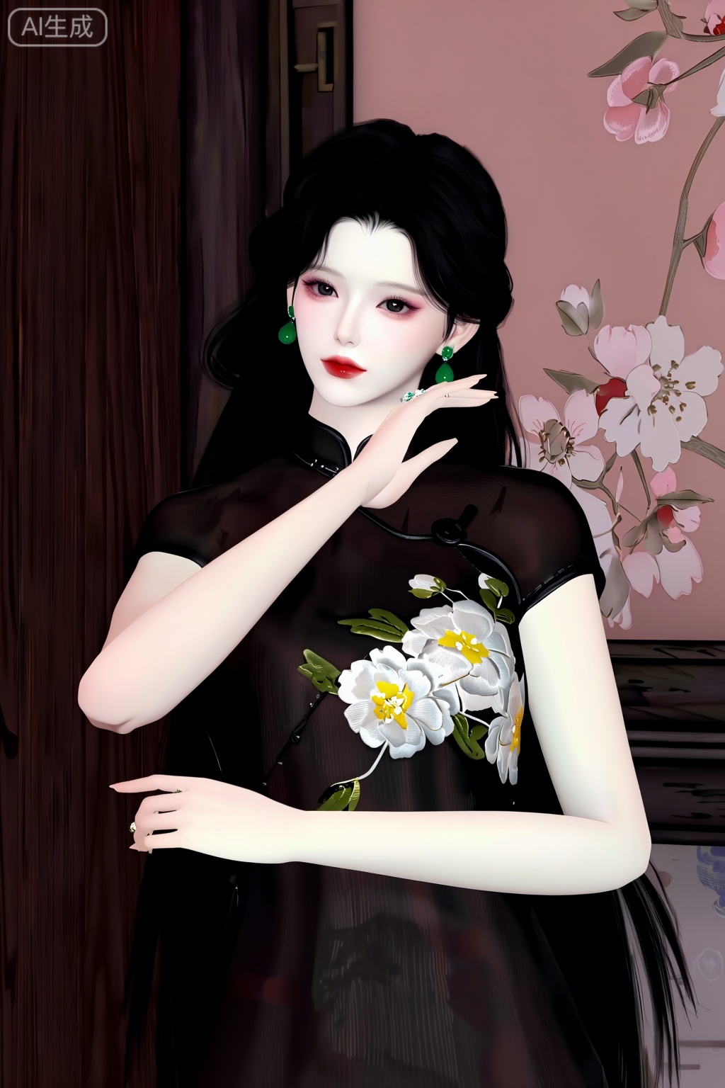 这是一张游戏CGI风格图,描绘了一位年轻女子,皮肤苍白,面孔精致。身材苗条、留着长长的黑色卷发的数字艺术作品。她穿着一件透明的黑色传统中式连衣裙,胸前饰有白色和黄色的花卉刺绣。她的右手轻轻地抚摸着脖子,左手放在臀部上,手指上戴着一枚戒指。她戴着绿色耳环和红色口红,搭配淡粉色眼影。背景左侧是有纹理的深色木板,右侧是粉色花卉图案的墙壁。整体风格写实,略显空灵,精致。