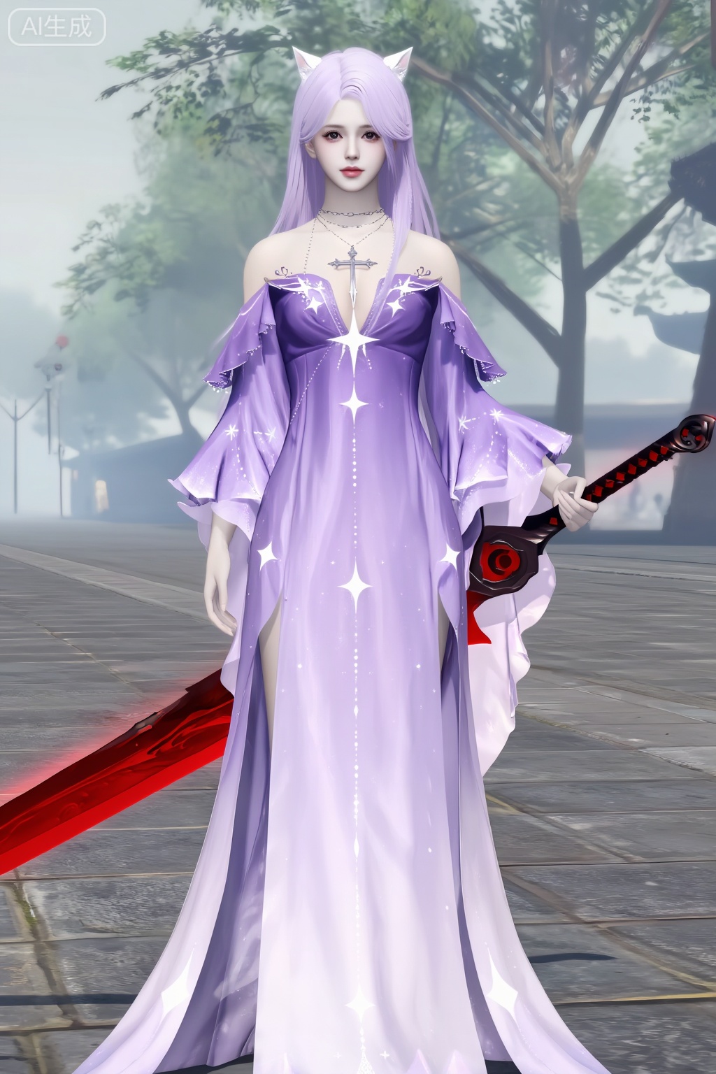 这是一张游戏CGI风格图,描绘了一位年轻女子,皮肤苍白,面孔精致。站在雾气弥漫的绿树成荫的街道上的数字CGI 图像。她有一头淡紫色的长发,白色的猫耳和苍白的皮肤。她穿着一件飘逸的露肩淡紫色连衣裙,上面饰有白色星星图案,深V 领上饰有十字项链。她的裙子有长长的荷叶边袖子,右侧有一个高开衩。她右手握着一把带有黑色装饰的大红色剑。背景显示一条有雾的街道,有树木和远处的路灯。整体风格奇幻,略带空灵、神秘的气息。