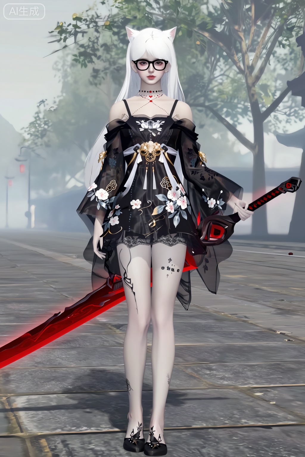 这是一张游戏CGI风格图,描绘了一位年轻女子,皮肤苍白,面孔精致。站在雾气弥漫的街道上,背景是树木。她留着长长的白发和猫耳朵,戴着黑框眼镜,皮肤苍白,腿上有黑色纹身。她穿着一件精致的黑色花卉图案透明和服式服装,带有白色和金色的点缀,露出里面的黑色蕾丝边内衣。她右手握着一把带有黑色装饰的红色发光大剑。她的表情很平静,双腿微微分开,自信地站立着。街道由灰色的石头铺成,雾气缭绕的背景增添了神秘的气氛。