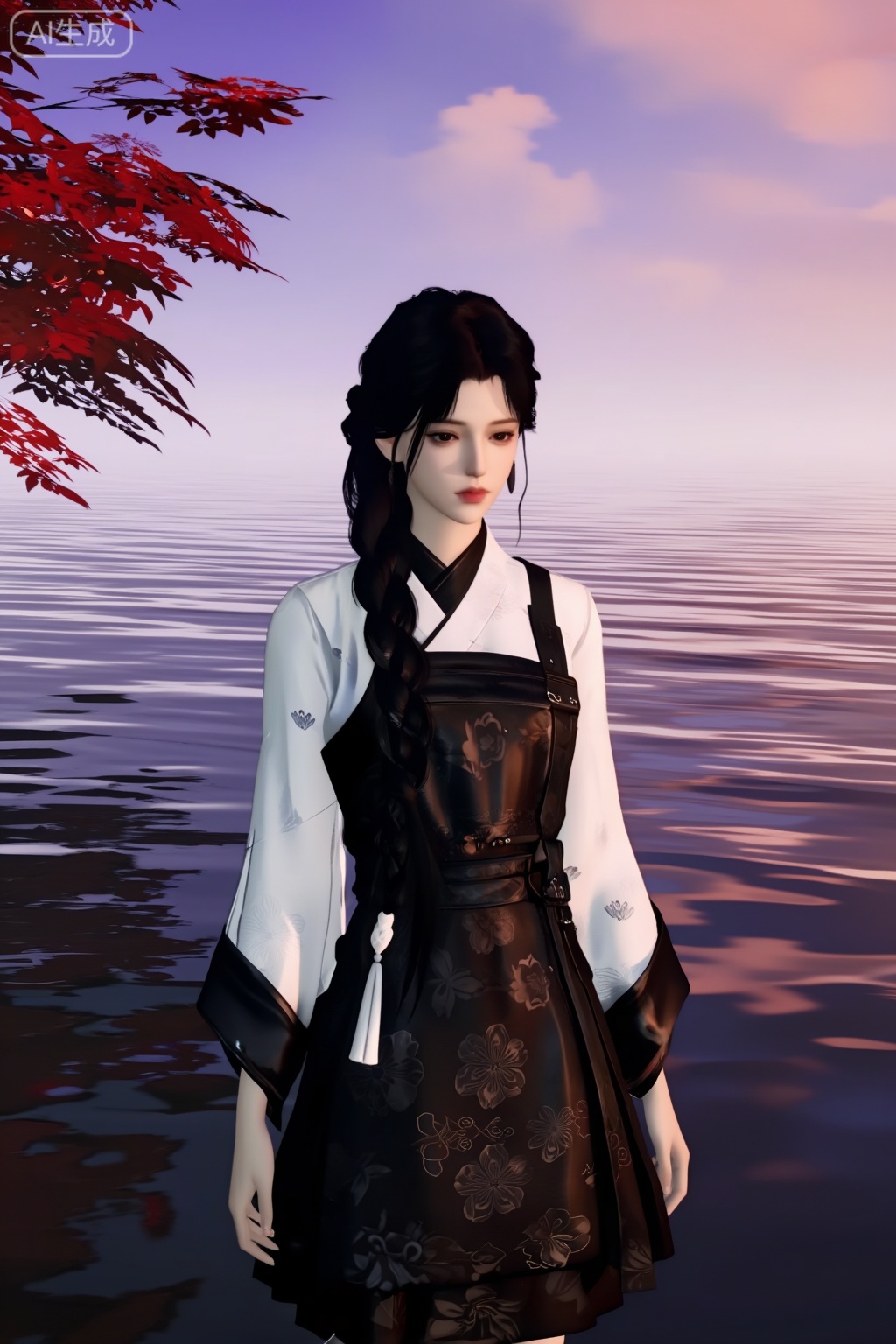 这是一张游戏CGI风格图,描绘了一位年轻女子,皮肤苍白,面孔精致。她留着长长的黑发,扎着辫子,站在一片水域旁。她穿着传统风格的服装,黑白相间,黑色面料上有复杂的花卉图案。背景是宁静的水面,反射出柔和的天空色调,上面点缀着紫色和粉红色的阴影,暗示着黎明或黄昏。在她的左边,有一棵长着鲜艳红叶的树,为场景增添了一抹色彩。整体的氛围是平静和沉思的,这个女人似乎在安静地反思。