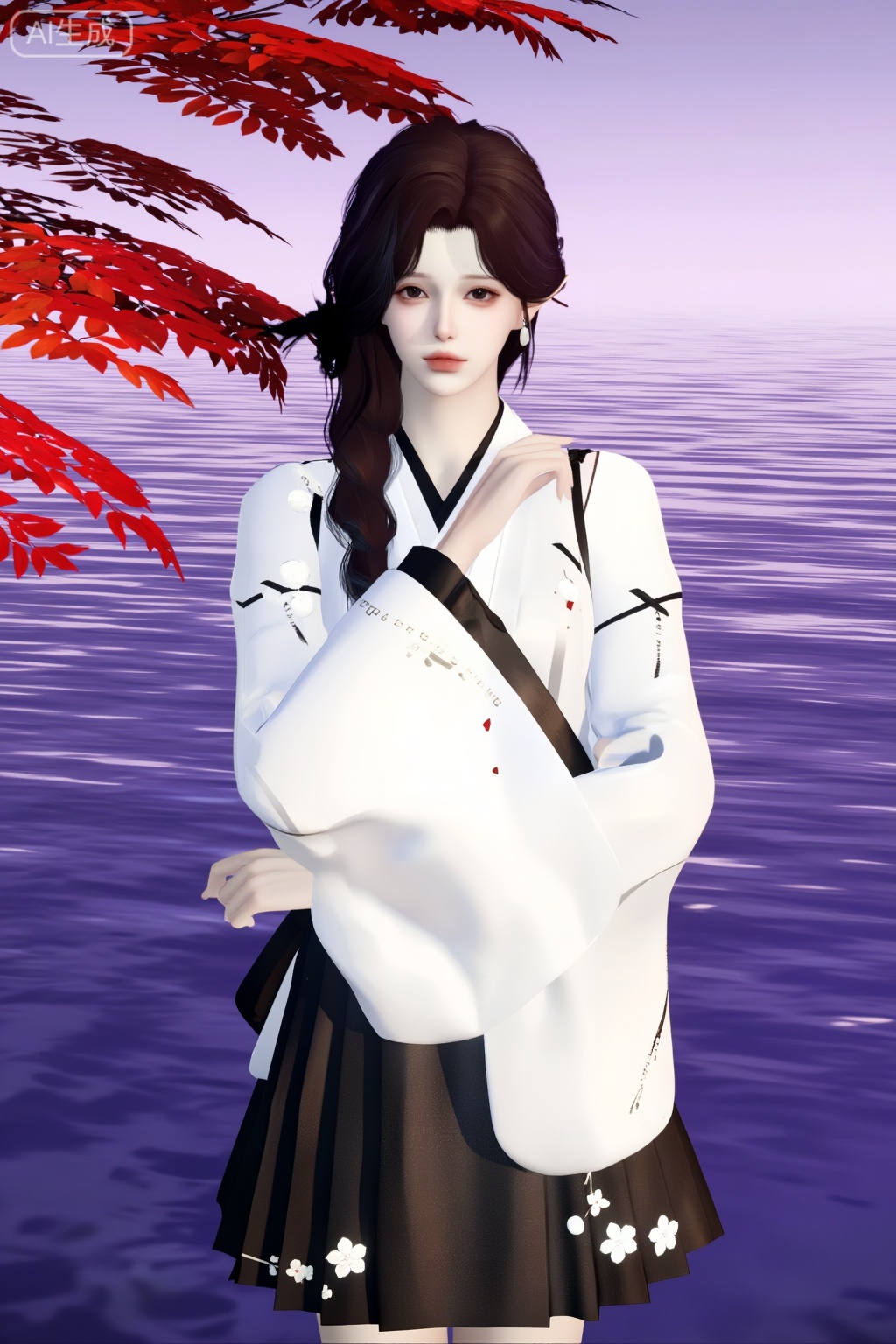 这是一张游戏CGI风格图,描绘了一位年轻女子,皮肤苍白,面孔精致。精灵般,包括尖耳朵。她有一头深棕色的长发,扎成低马尾辫。她穿着传统的白色长袖和服上衣,上面装饰着黑色丝带和白色花卉图案,搭配黑色百褶裙。她的右手举至胸前,左手放在身侧。背景展示了一个宁静的紫色湖泊,泛着轻柔的涟漪,左边是一棵充满活力的红色树,上面有秋天的叶子。整体风格写实,具有柔和、空灵的质感。