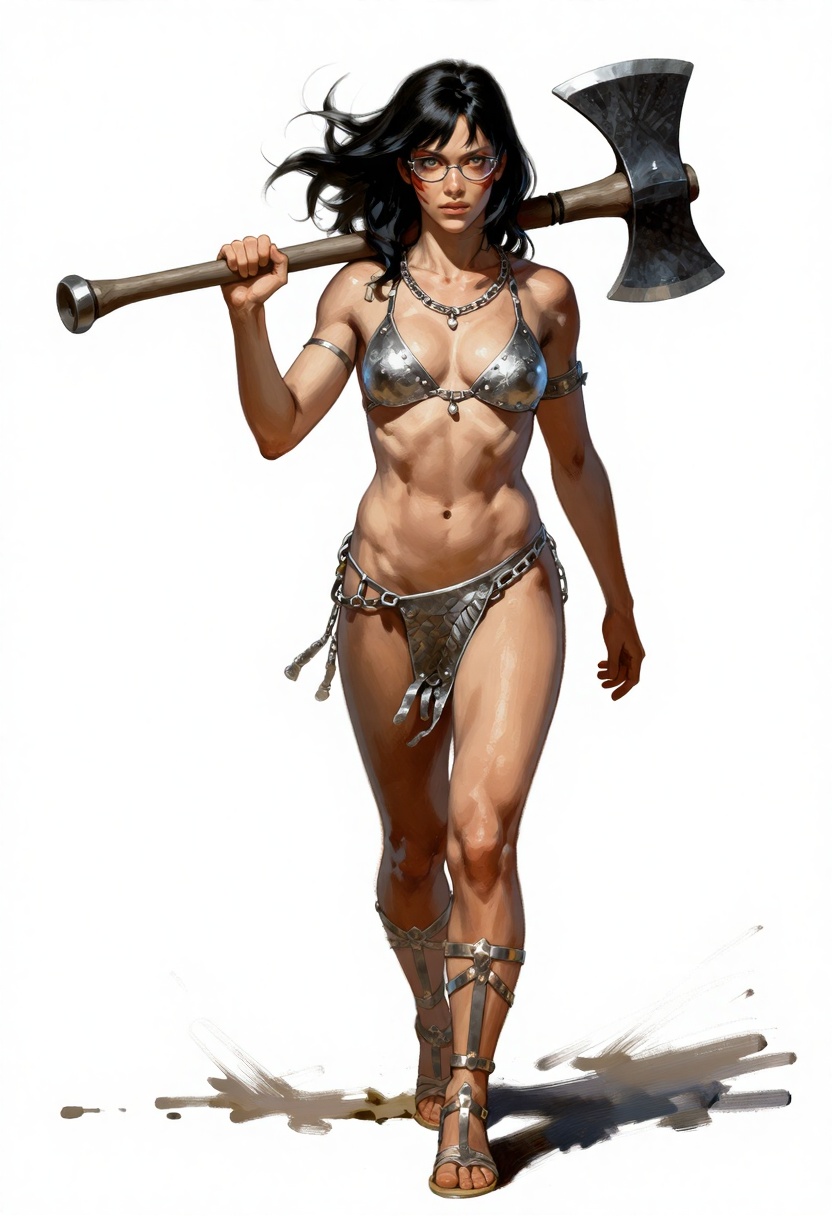 A fantasy illustration with rough,  expressive brushstrokes in the style of Frank Frazetta depicting a female barbarian wa...