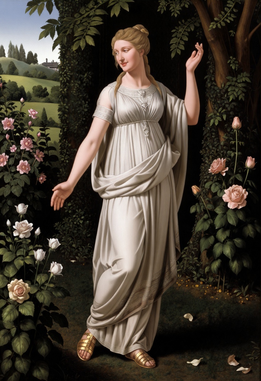 Create a Renaissance painting of a Greek goddess standing gracefully in a serene garden,  surrounded by blooming flowers a...