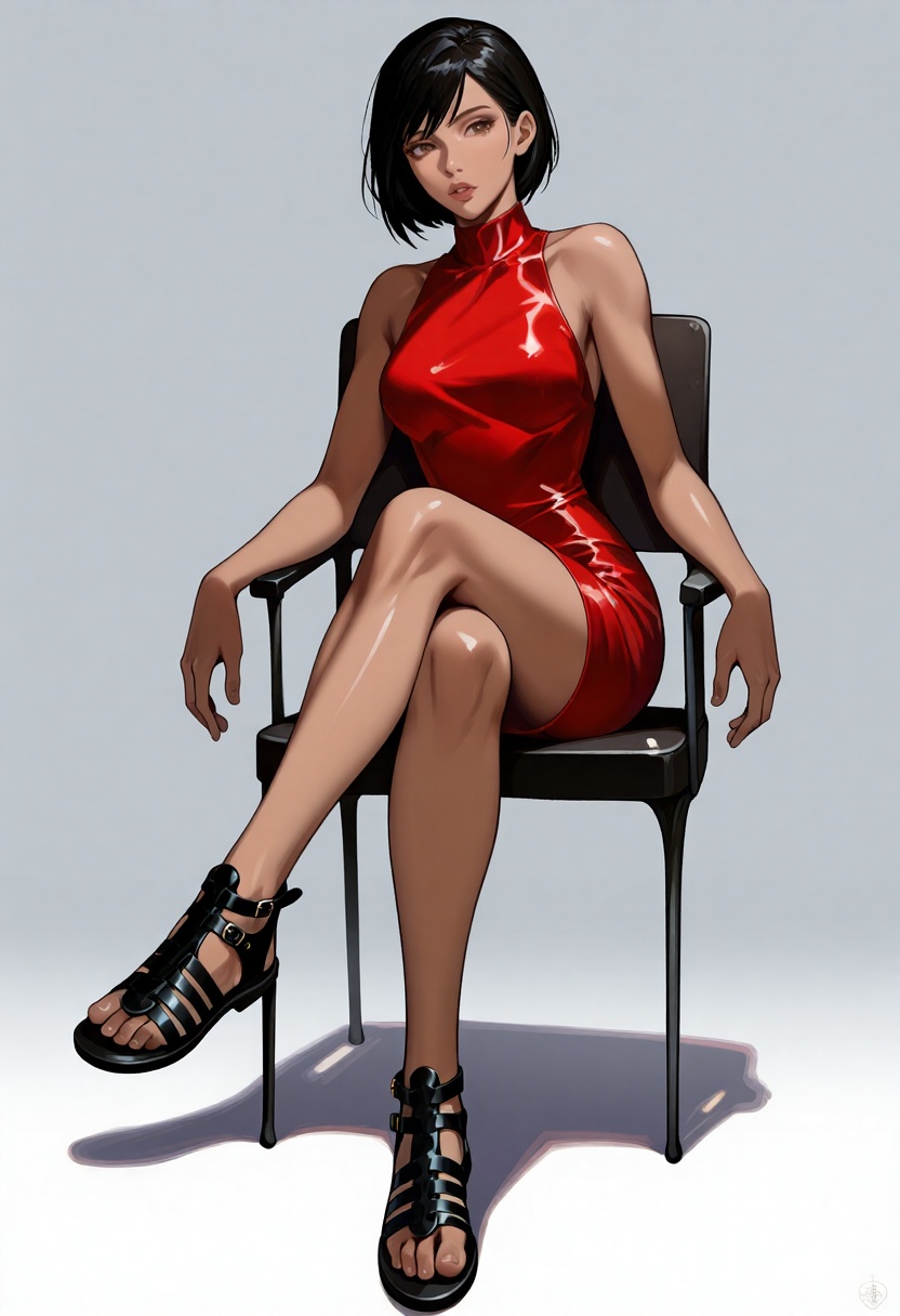 A modern digital illustration of a short-haired woman with a confident demeanor sitting gracefully on a chair with her leg...