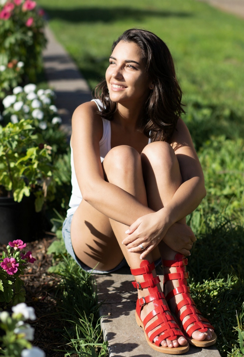 Create a photograph of a smiling woman sitting in a serene,  sunlit garden. She wears strappy Greek sandals made of shiny...