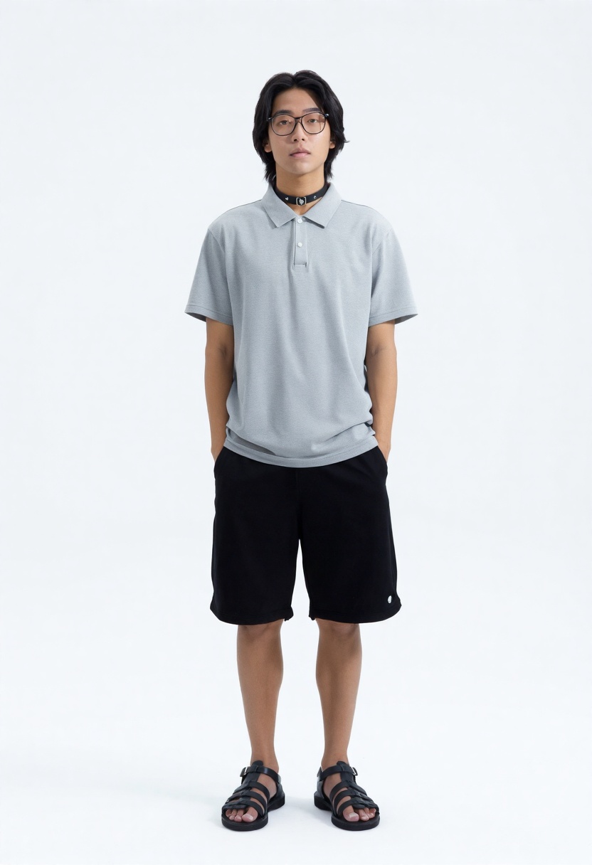The image depicts a person wearing a gray polo shirt with short sleeves and a pair of black shorts. They are also wearing...