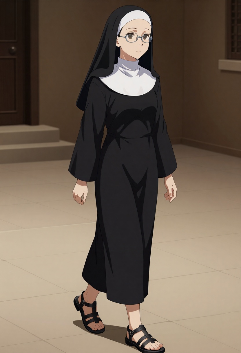 A detailed digital illustration in anime style depicting a nun walking from the side,  her gaze directly at the viewer. Sh...