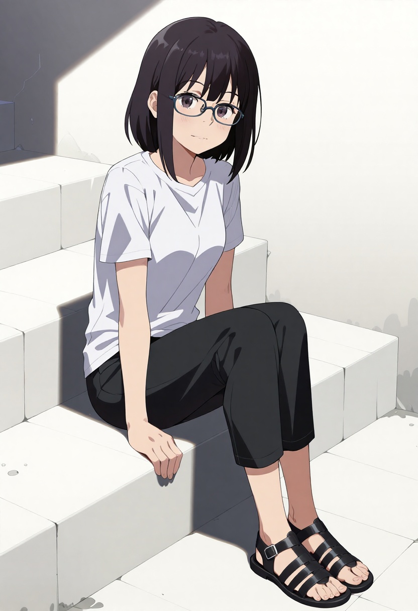 A detailed digital illustration in anime style depicting a young woman sitting on a stone step. She is wearing a white sho...