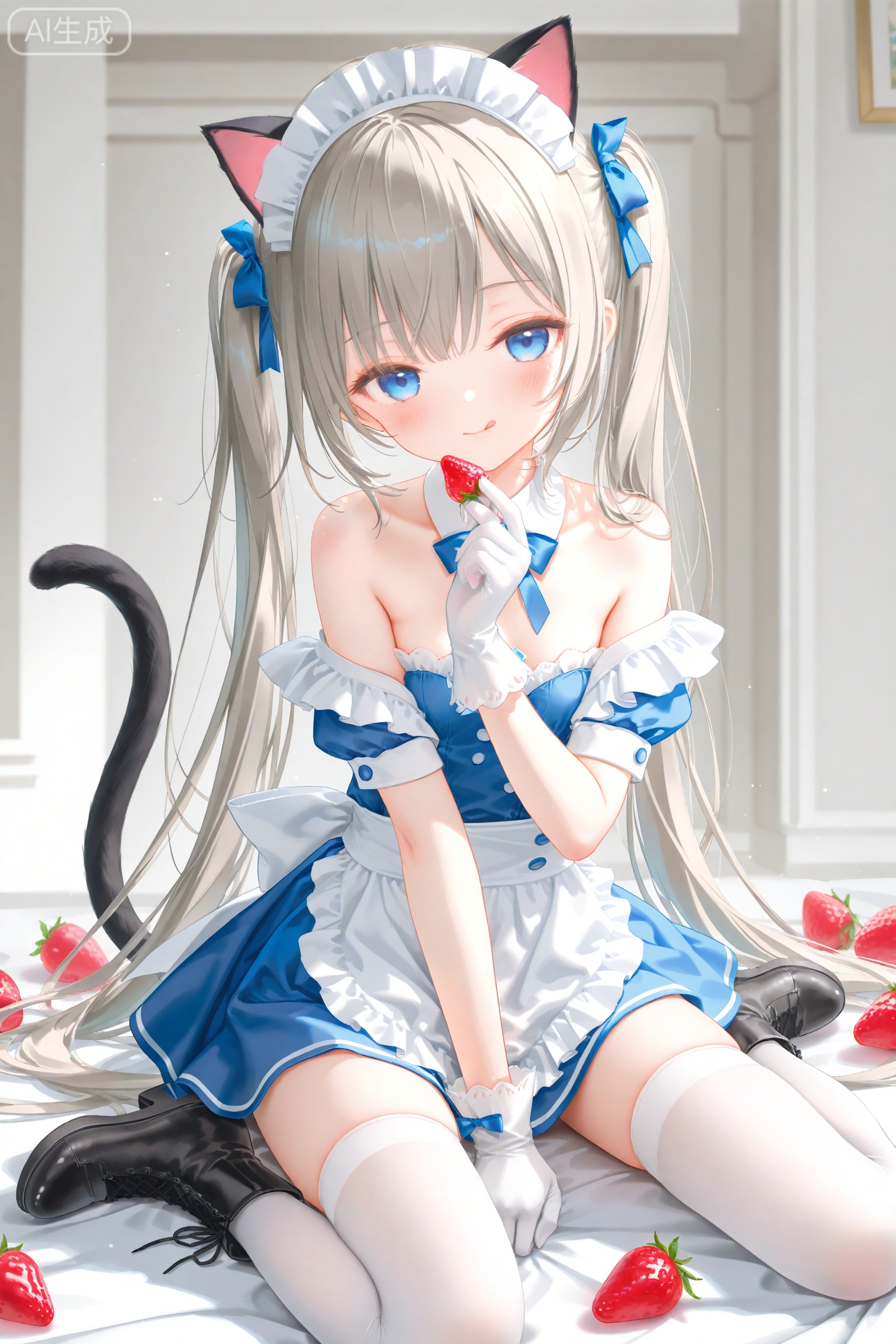 artist:tinker bell,artist:ciloranko,artist:ningen_mame,artist:sho_(sho_lwlw),artist:rhasta,artist:wlop,artist:ke-ta,artist:hiten \(hitenkei\),//,1girl, solo, long hair, breasts, looking at viewer, blush, bangs, blue eyes, thighhighs, gloves, white background, dress, bow, holding, animal ears, bare shoulders, twintails, sitting, very long hair, closed mouth, tail, hair bow, grey hair, hairband, small breasts, boots, food, shoes, tongue, cat ears, white gloves, tongue out, off shoulder, twitter username, black footwear, apron, white thighhighs, cat tail, maid headdress, detached collar, fruit, fake animal ears, blue dress, blue bow, wariza, holding food, cat girl, waist apron, white apron, :q, strawberry, licking lips,
//,
highres,absurdres,upscaled,fine fabric emphasis,original,official art,depth of field,best quality,amazing quality,very aesthetic,absurdres,best quality,masterpiece,ultra detailed,newest,masterpiece,best quality,newest,absurdres,highres,masterpiece,best quality,highres,absurdres,paid_reward_available,game_screenshot,third-party_edit,non-web_source,game_cg,skeb_commission,commission,pixiv commission,archived source,decensored,anime screenshot,promotional art,merchandise available,official wallpaper,variant set,nude_filter,