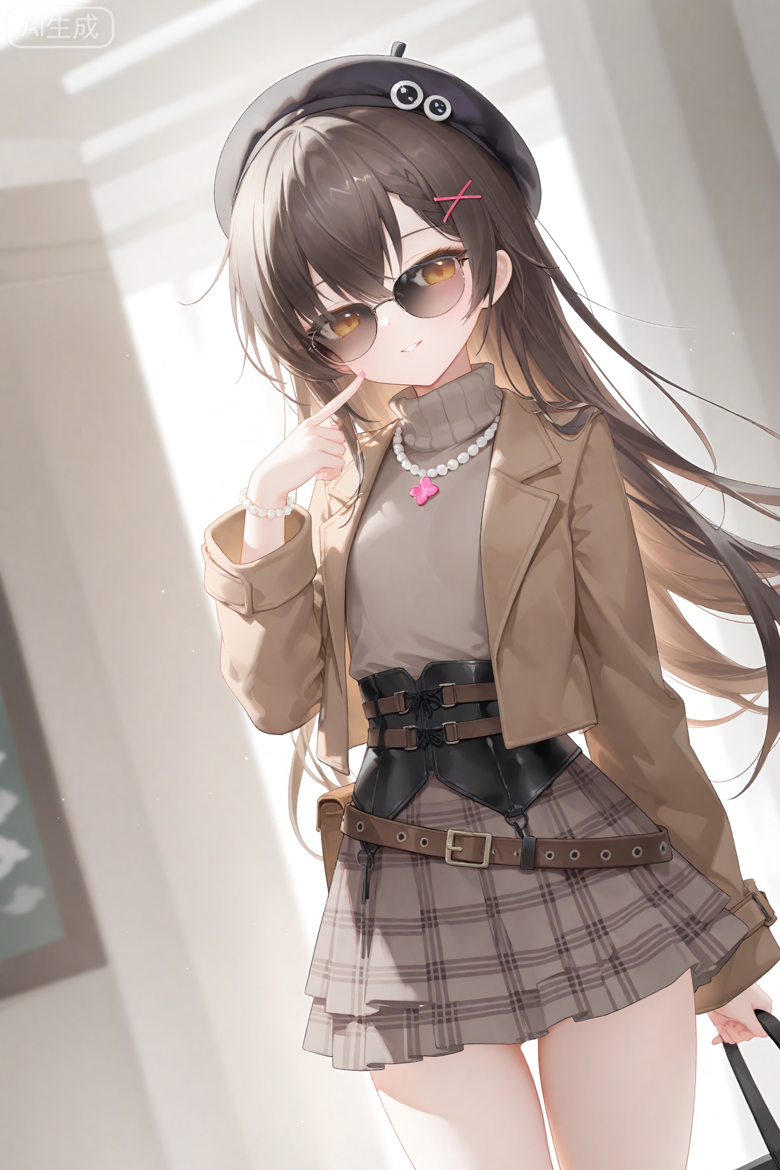 1girl, long hair, x hair ornament, hairclip, 
dutch angle,loli,petite,
bead bracelet, bead necklace, beads, beatnik, beret, black flower, bracelet, corset, fashion, flower, glasses, hat, jewelry, long sleeves, smile, smirk, sunglasses, sweater, turtleneck, turtleneck sweater, brown jacket, brown belt, brown sweater, skirt, 
less fingers, 
//,
artist:bison_cangshu,artist:sora_72-iro,artist:aztodio,artist:kazutake_hazano,artist:yushe_quetzalli,artist:ningen_mame,artist:quan_\(kurisu_tina\),artist:omone_hokoma_agm,artist:binggong_asylum,artist:richard_\(richaball\),artist:imazawa,artist:terada_tera,artist:meion,artist:wlop,artist:modare,BiJin,
//,
highres,absurdres,upscaled,fine fabric emphasis,original,official art,depth of field,best quality,amazing quality,very aesthetic,absurdres,best quality,masterpiece,ultra detailed,newest,masterpiece,best quality,newest,absurdres,highres,masterpiece,best quality,highres,absurdres,paid_reward_available,game_screenshot,third-party_edit,non-web_source,game_cg,skeb_commission,commission,pixiv commission,archived source,decensored,anime screenshot,promotional art,merchandise available,official wallpaper,variant set,nude_filter,