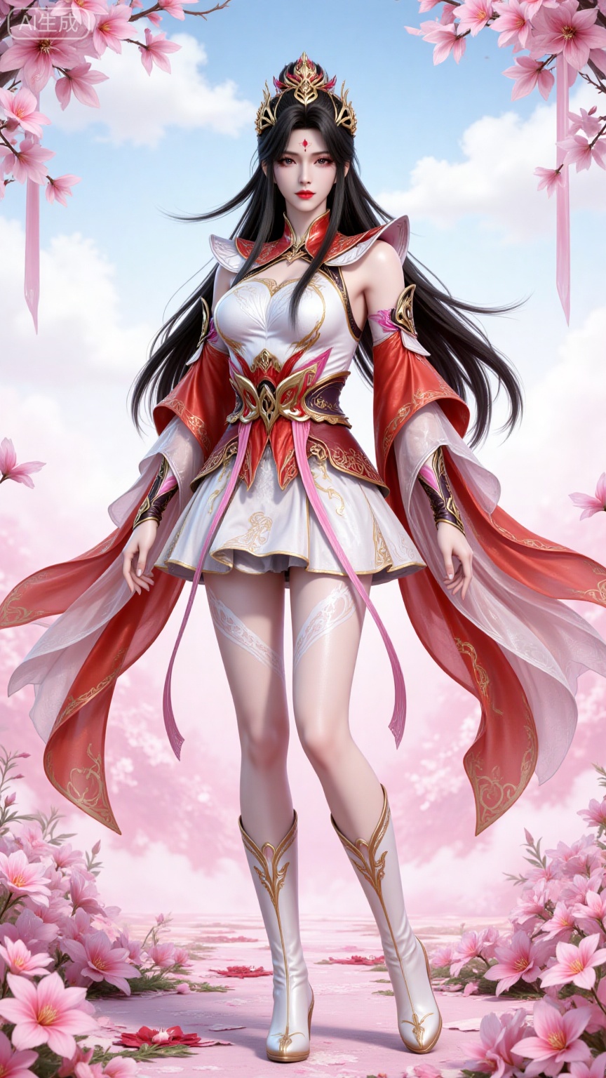 4K,best quality,CG,
xiaoxiao,lvjing,lvjing,
xiaoxiao, 1girl, solo, full body, dress, long hair,red,eyes, facial mark, forehead mark, white dress, hair ornament, black hair, boots, detached sleeves, bare legs, simple background, white footwear, clothing cutout, expressionless,legs,long legs,
nature,flowers,day,sky,cloud,changjing
