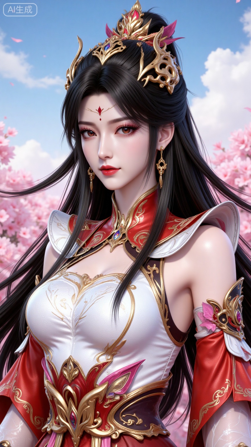 4K,best quality,CG,
xiaoxiao,lvjing,lvjing,
xiaoxiao, 1girl, solo, dress, upper body, long hair, hair ornament, black hair, earrings, facial mark, jewelry, clothing cutout, detached sleeves, white dress, forehead mark, bare shoulders, looking at viewer, red dress, simple background, ponytail, red eyes,
nature,flowers,day,sky,cloud,changjing